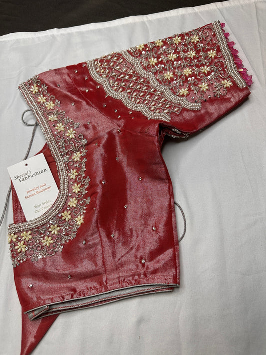 Tissue Silk Dusty Pink Maggam Pearl Work Blouse