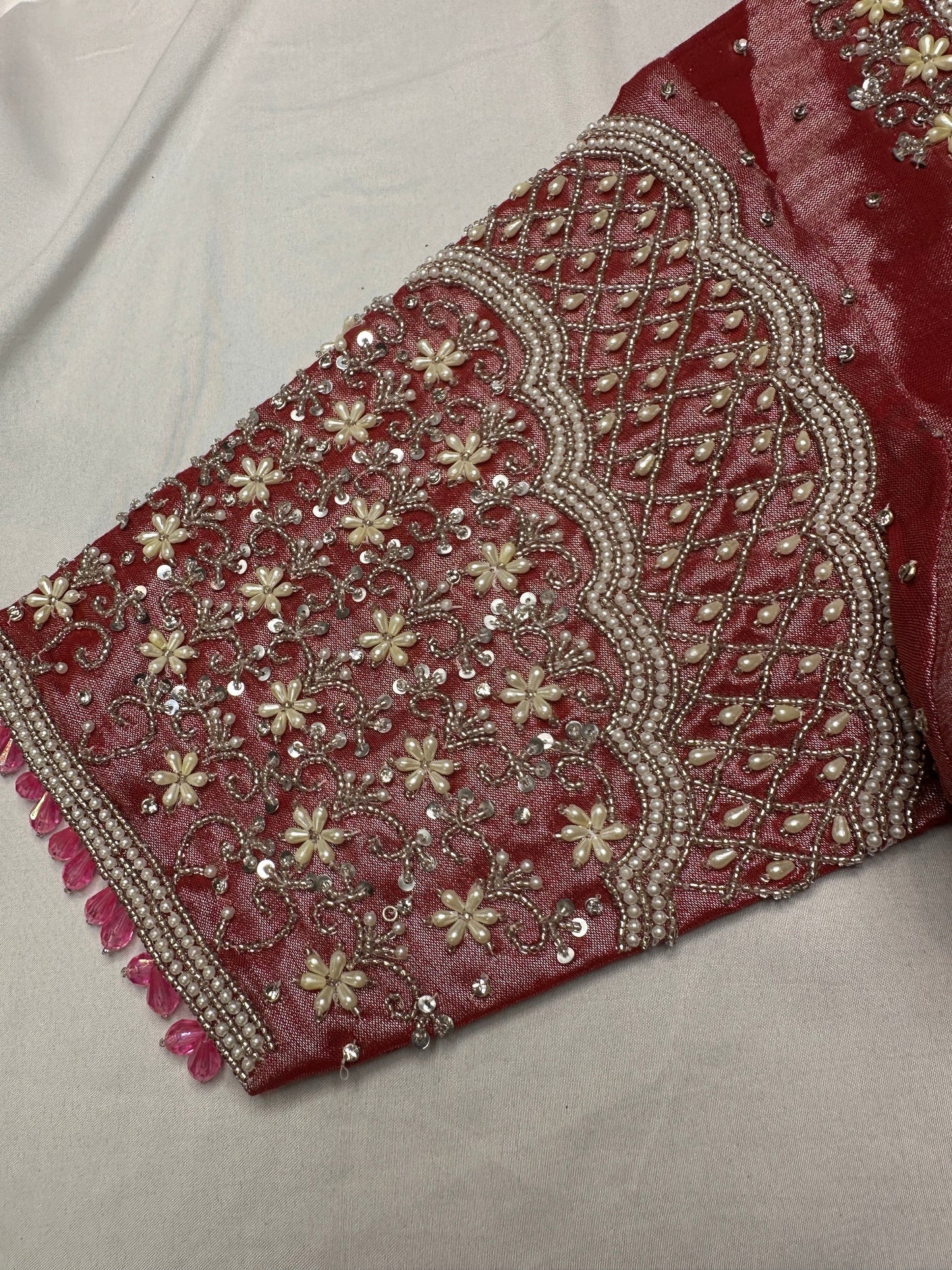 Tissue Silk Dusty Pink Maggam Pearl Work Blouse