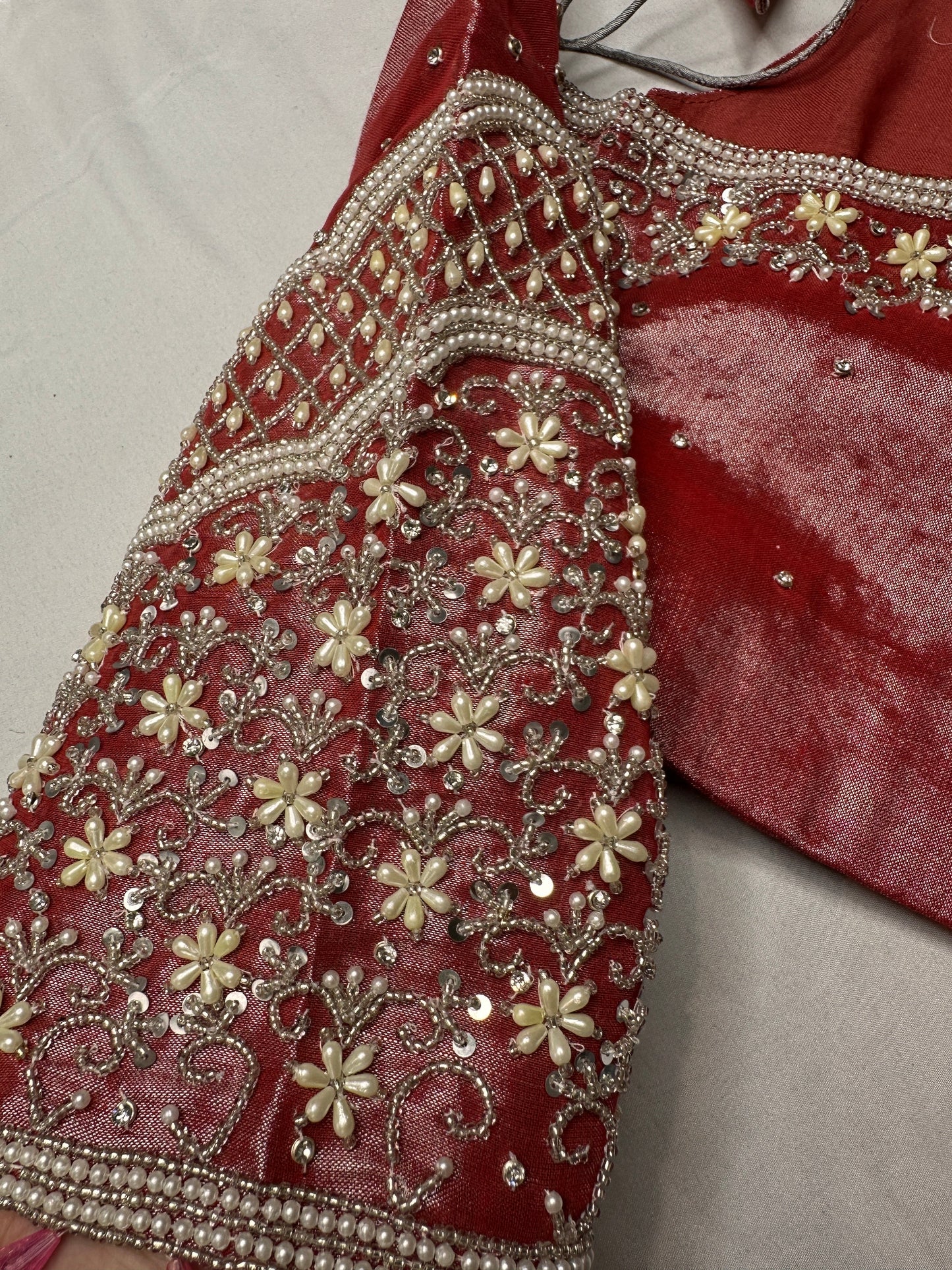 Tissue Silk Dusty Pink Maggam Pearl Work Blouse