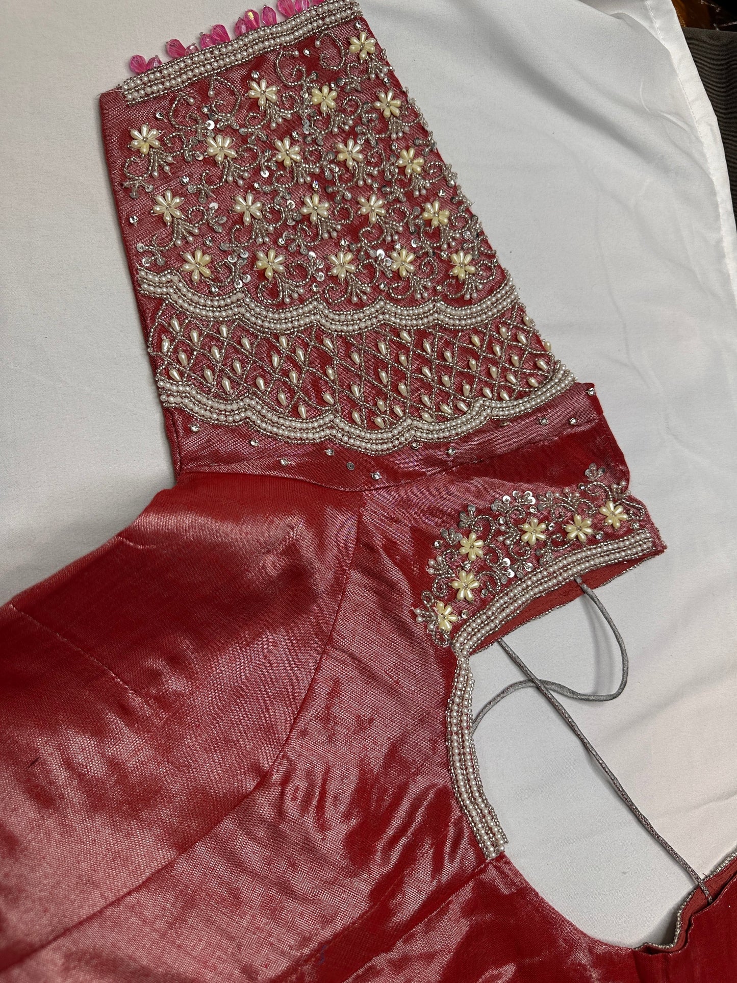Tissue Silk Dusty Pink Maggam Pearl Work Blouse