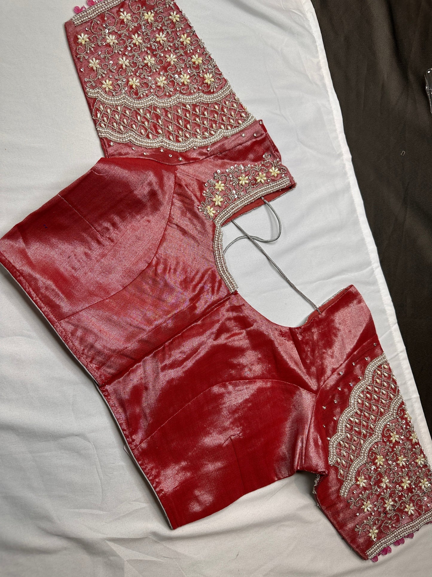 Tissue Silk Dusty Pink Maggam Pearl Work Blouse
