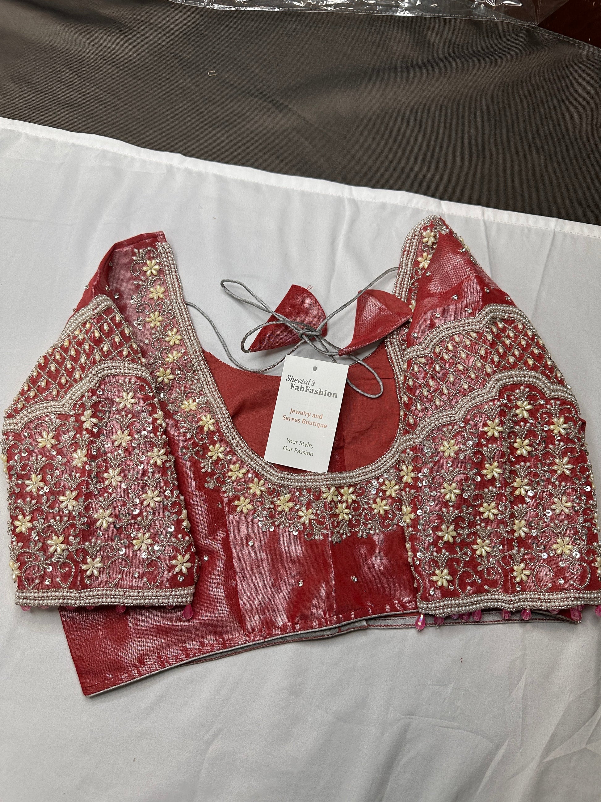 Tissue Silk Dusty Pink Maggam Pearl Work Blouse