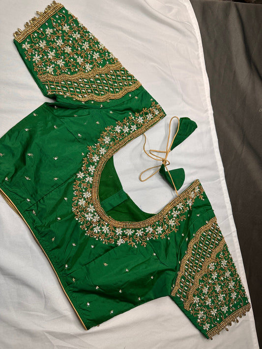 Green Silk Maggam Pearl Work Blouse