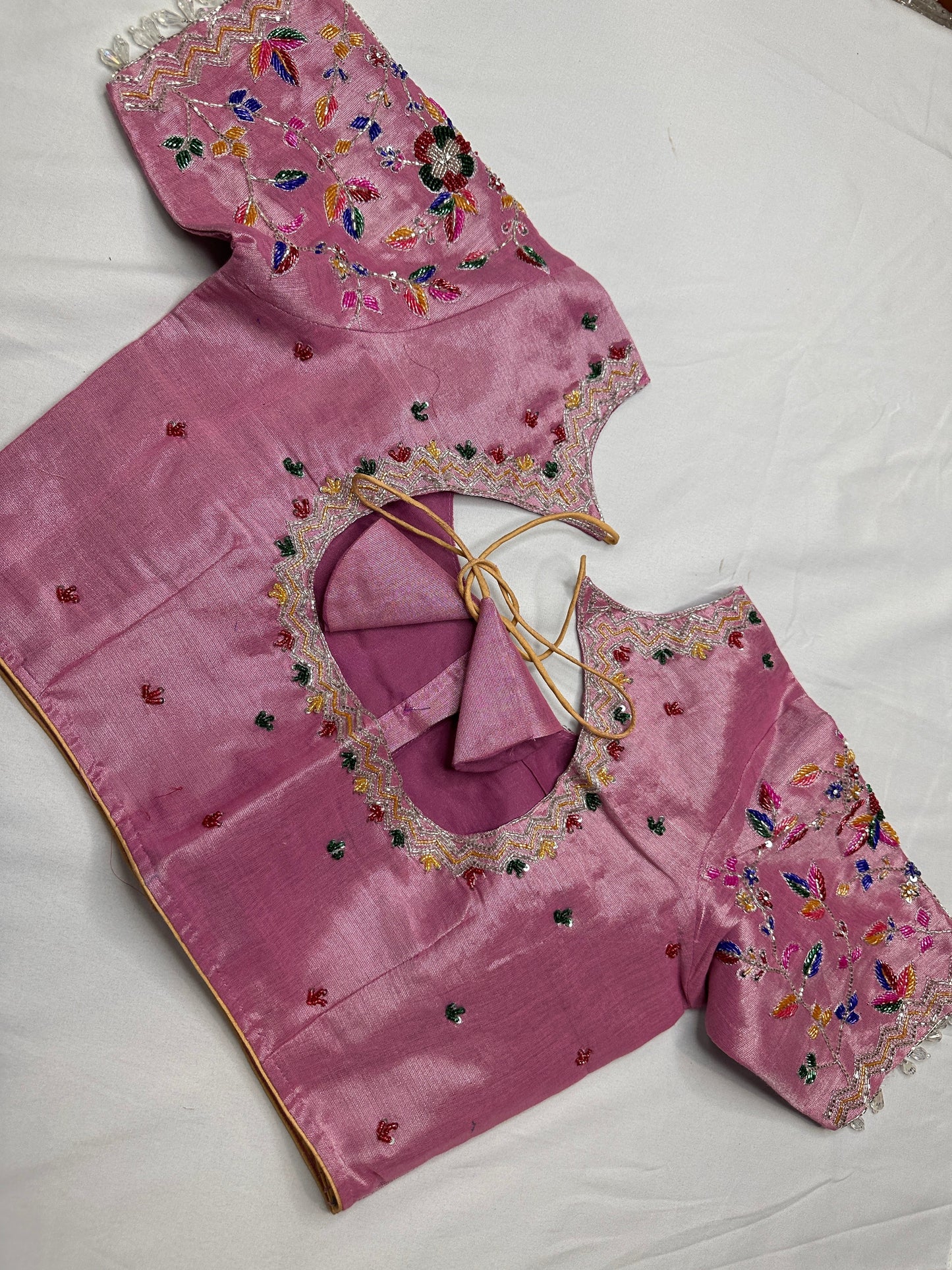 Tissue Pink Multi Color  Maggam Blouse