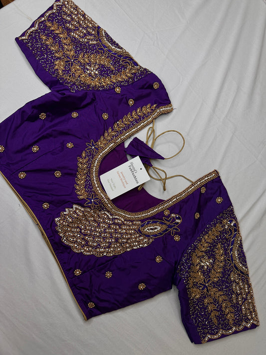 Peacock Zig Zag Maggam Aari Purple Blouse