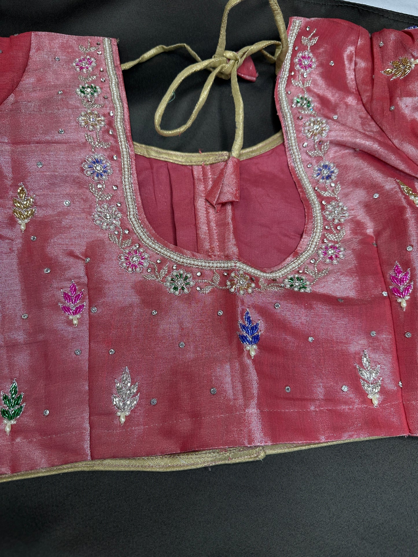 Tissue Pink Multi Color  Maggam Blouse