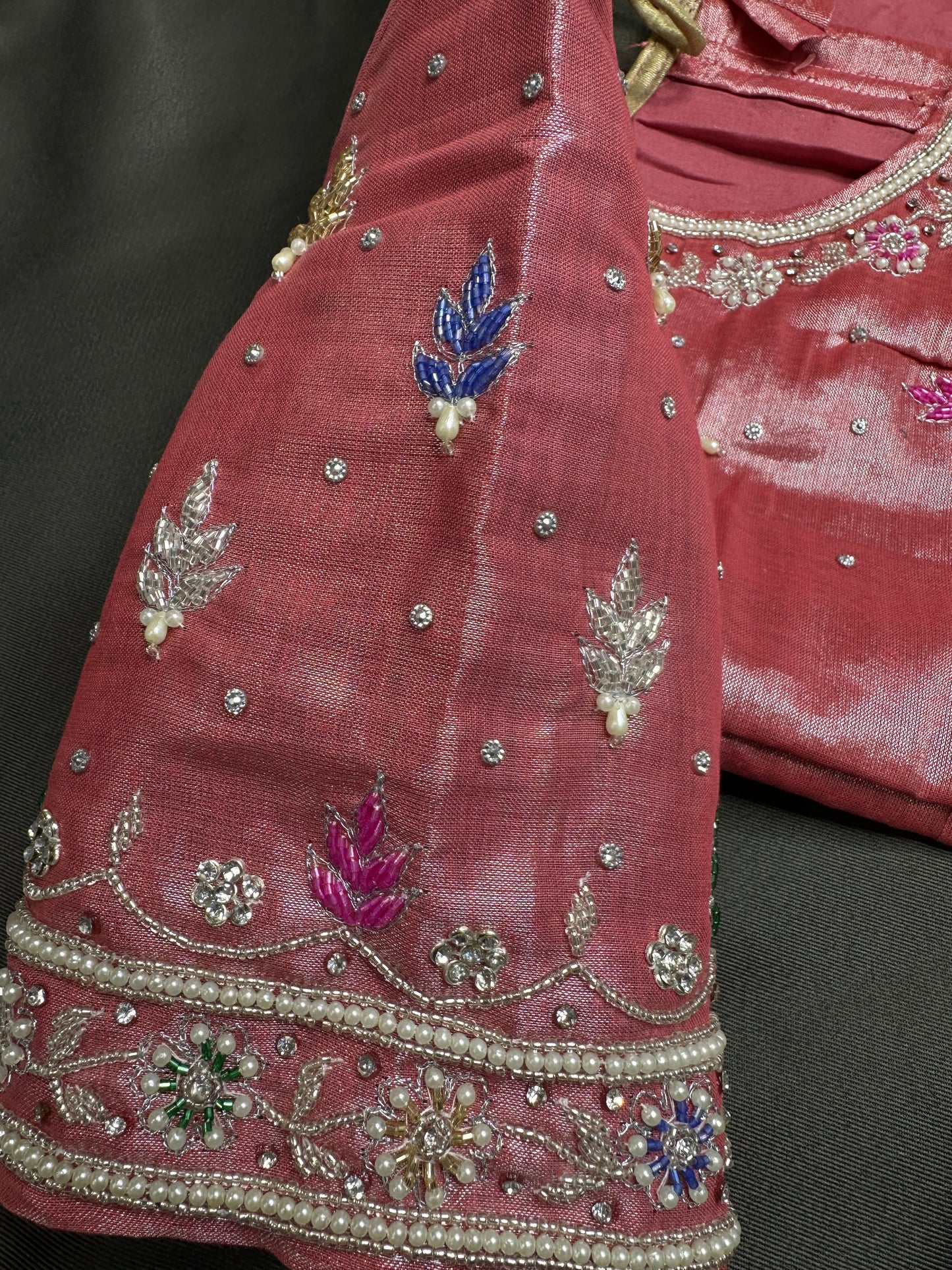 Tissue Pink Multi Color  Maggam Blouse