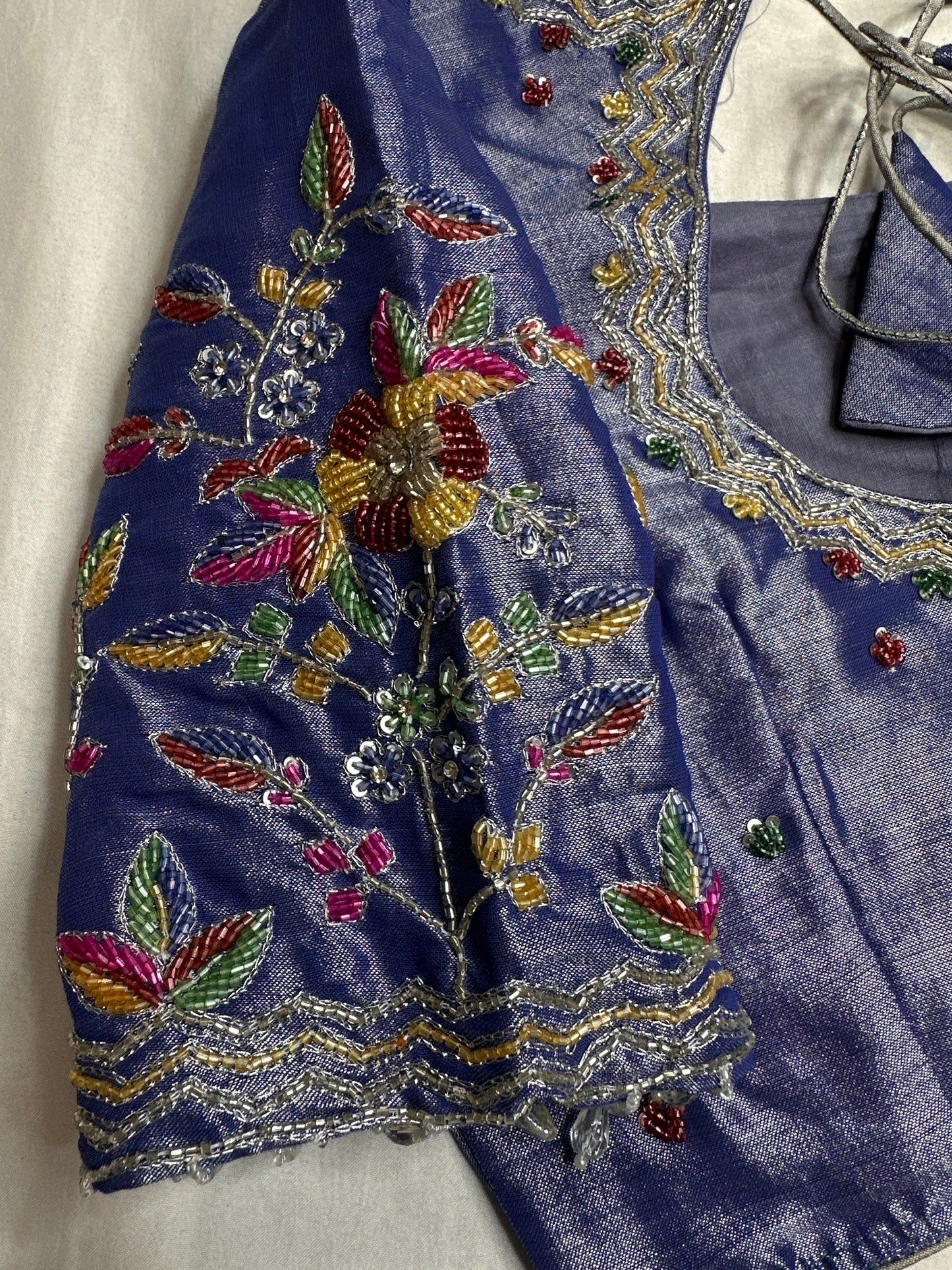 Tissue Blue Multi Color  Maggam Blouse