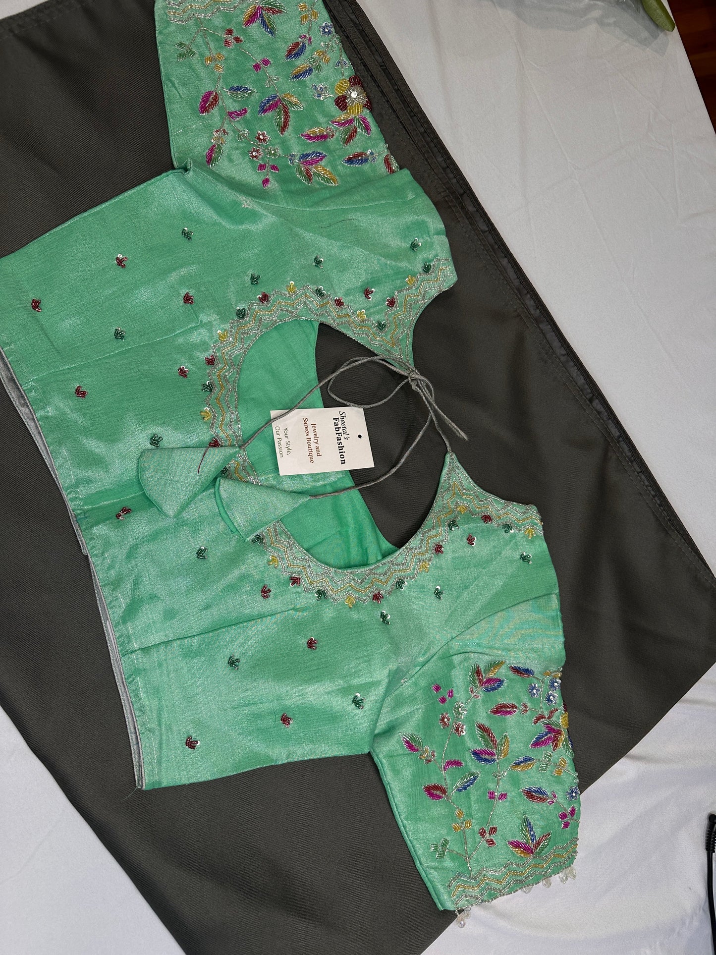 Tissue Green Multi Color  Maggam Blouse
