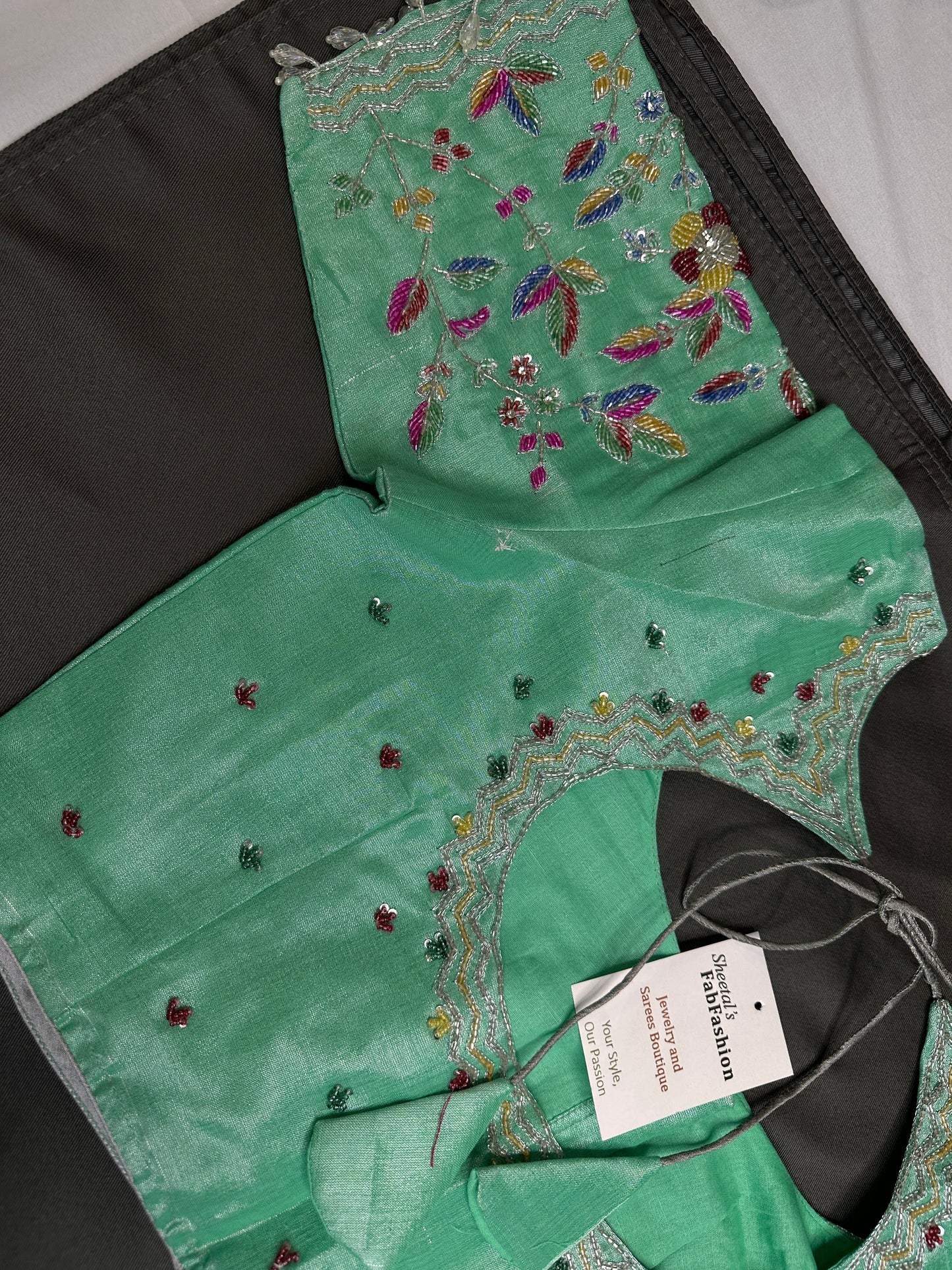 Tissue Green Multi Color  Maggam Blouse