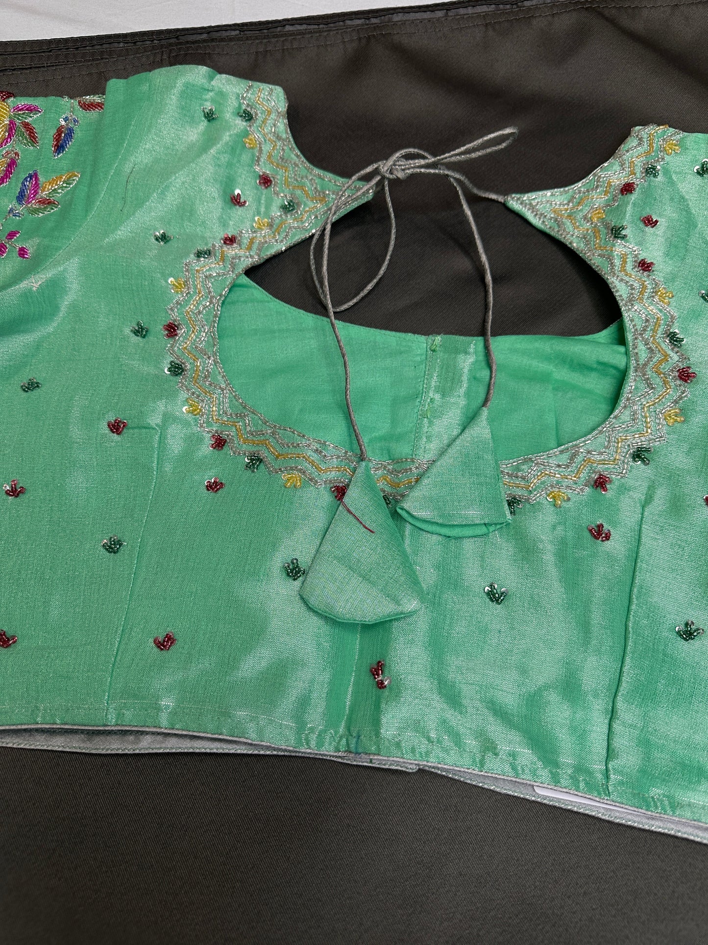 Tissue Green Multi Color  Maggam Blouse