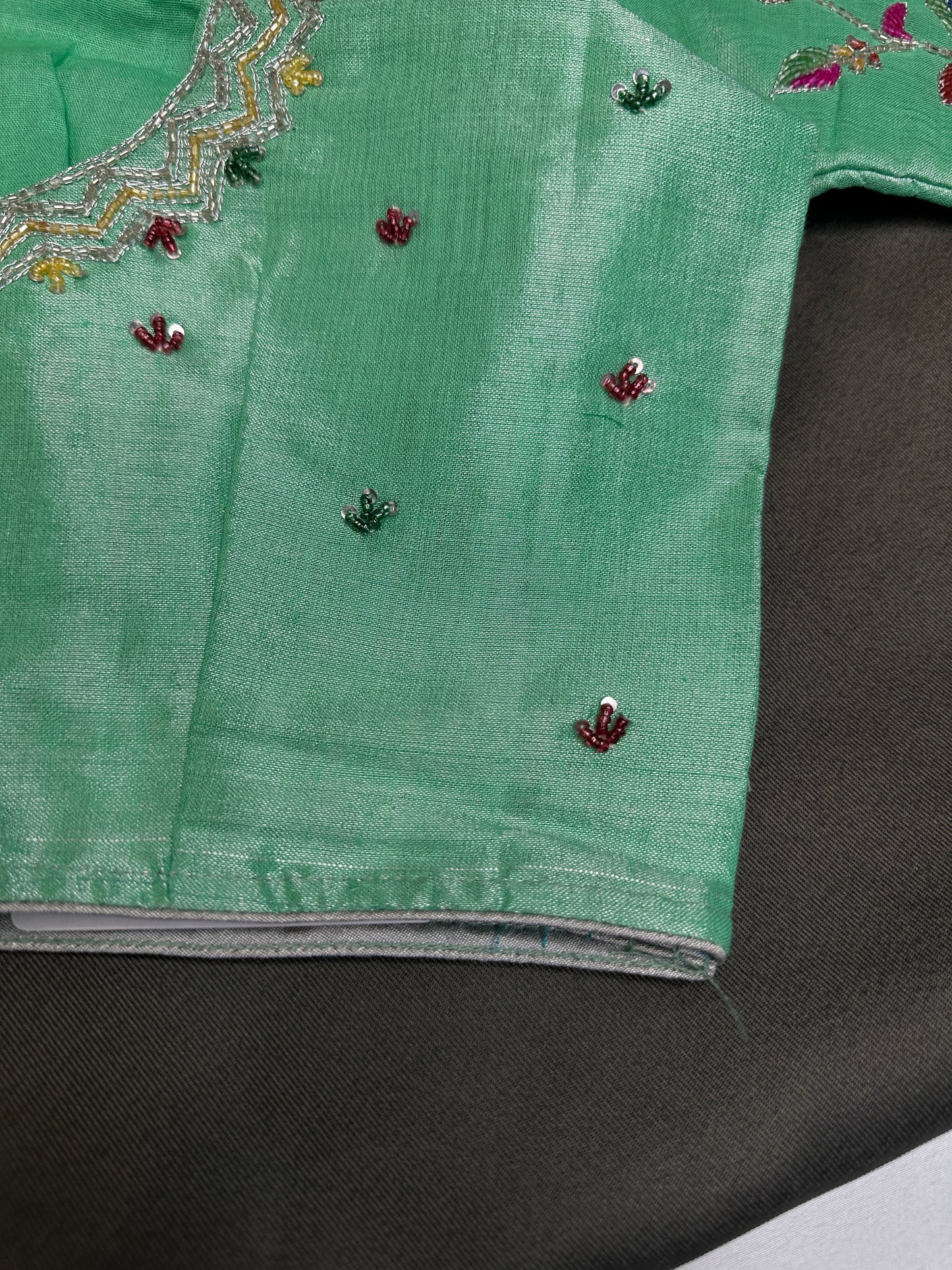 Tissue Green Multi Color  Maggam Blouse
