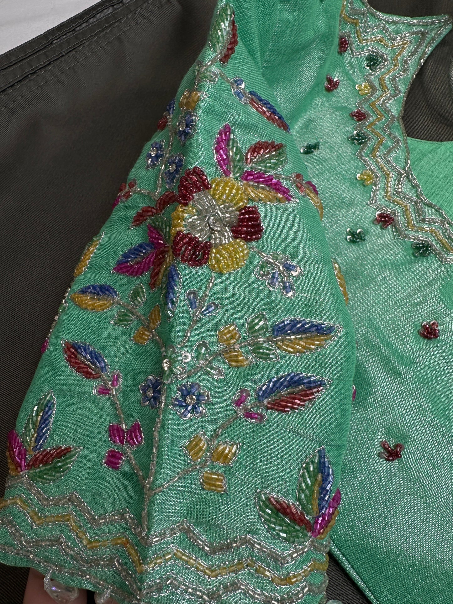 Tissue Green Multi Color  Maggam Blouse