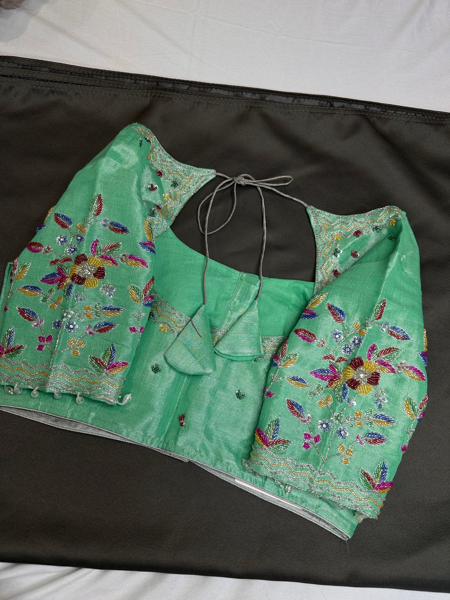 Tissue Green Multi Color  Maggam Blouse