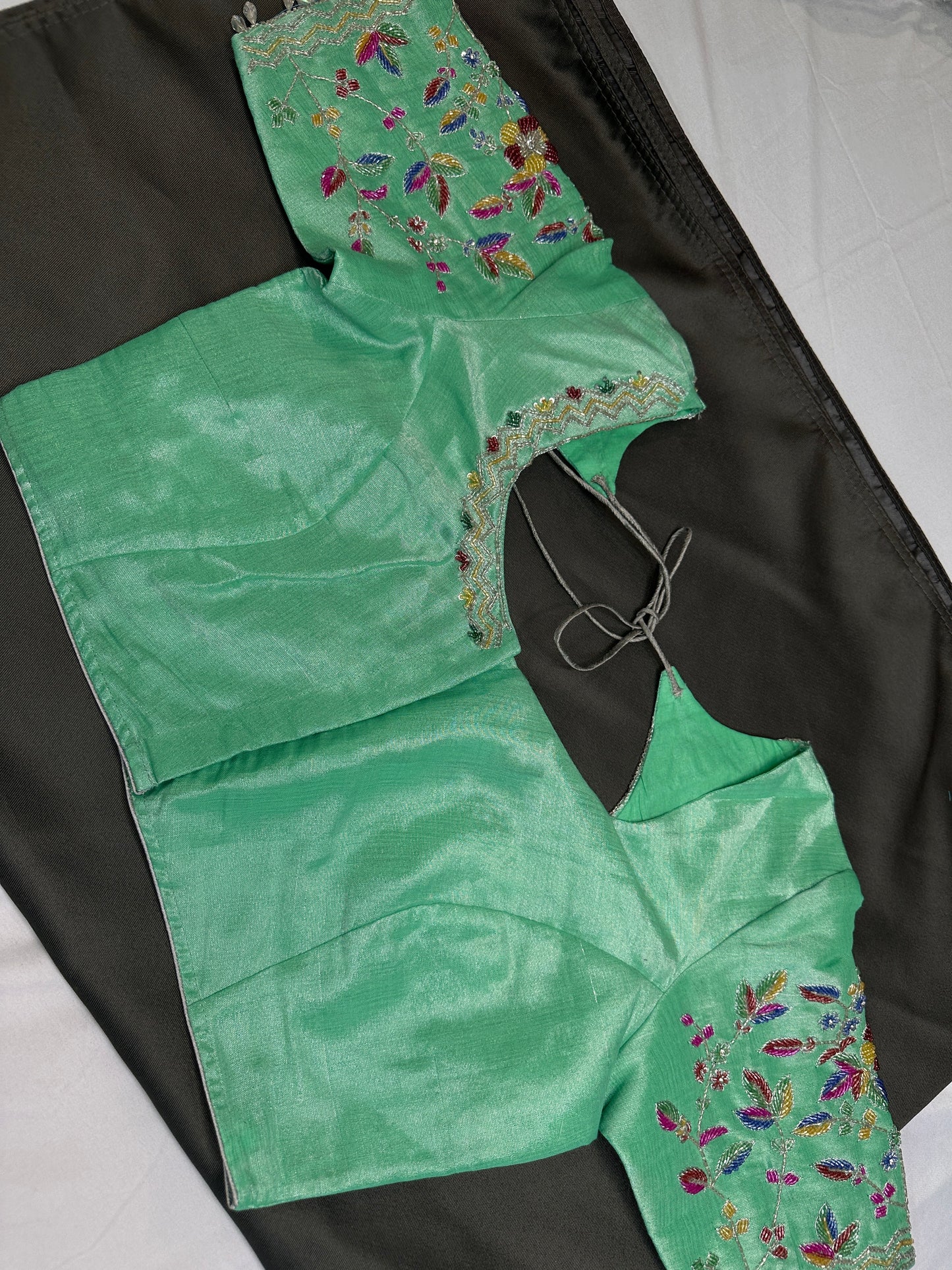 Tissue Green Multi Color  Maggam Blouse