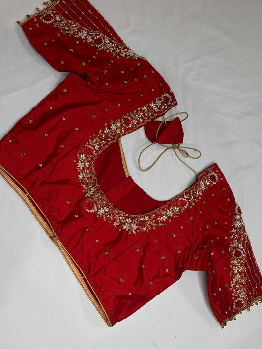 Kardana Red Maggam Pearl Work Blouse