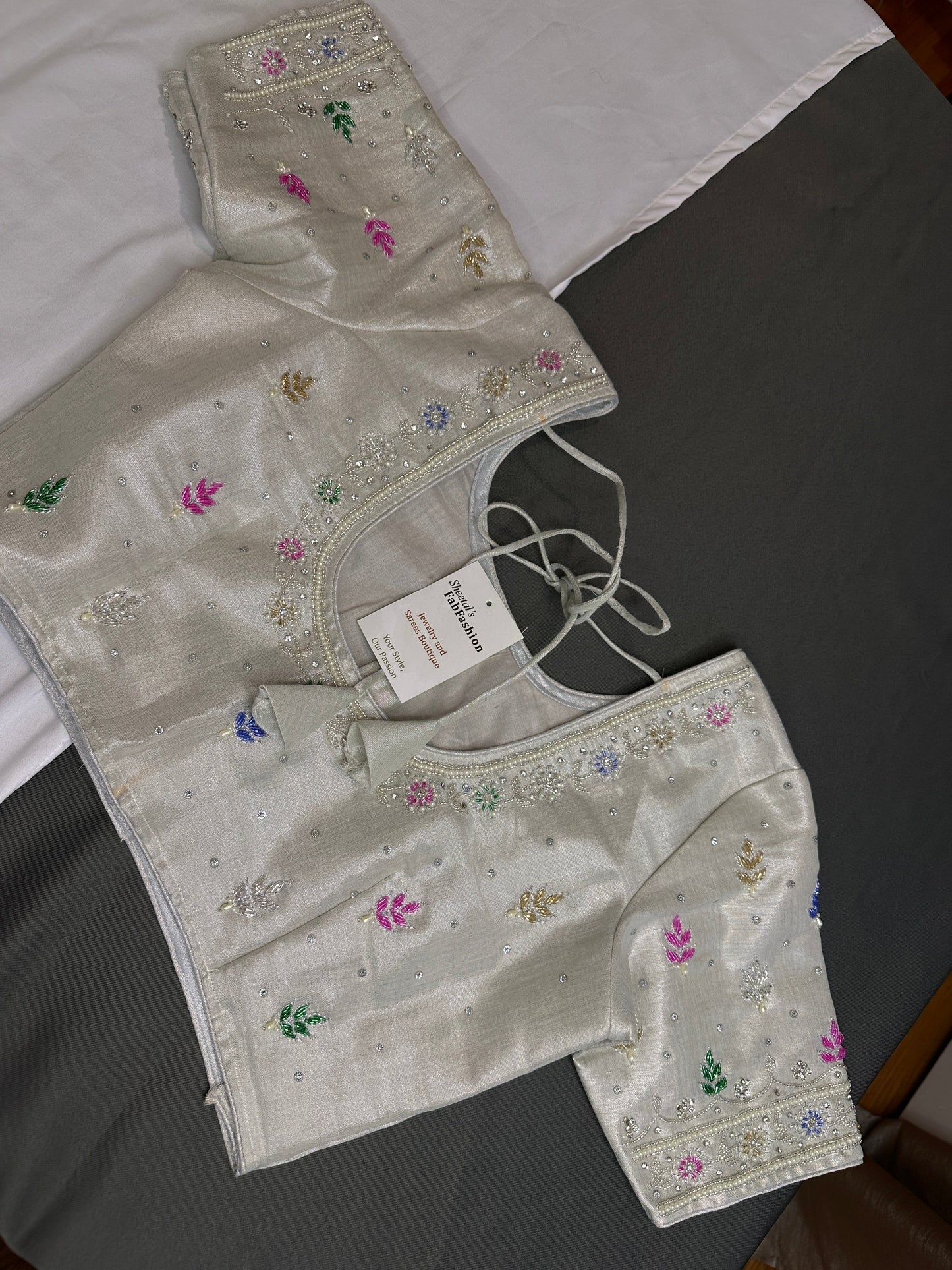 Silver Tissue Multi Color Maggam Blouse