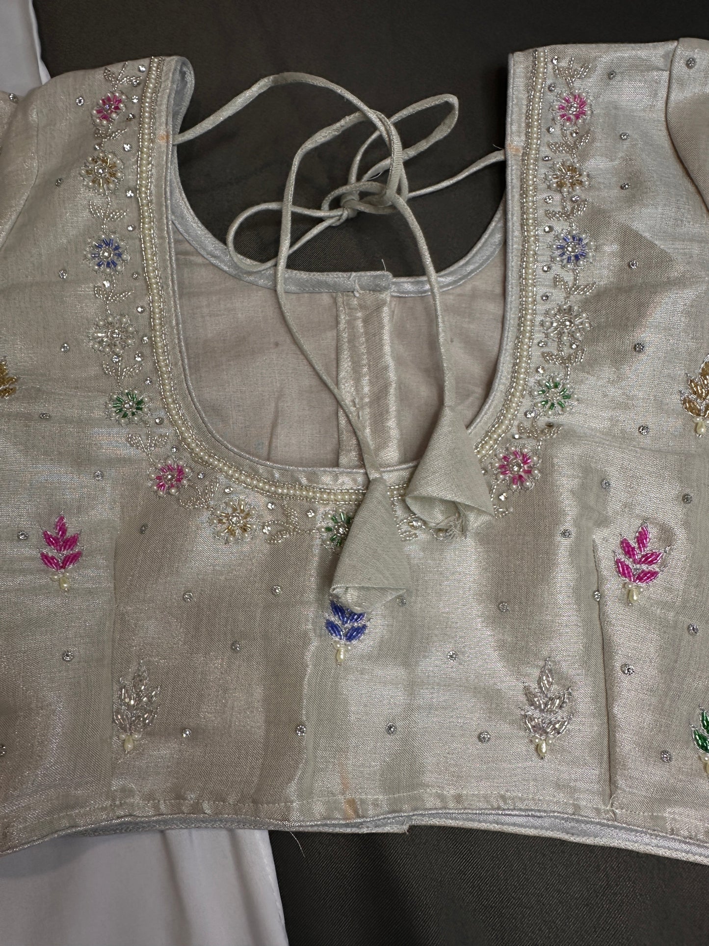 Silver Tissue Multi Color Maggam Blouse