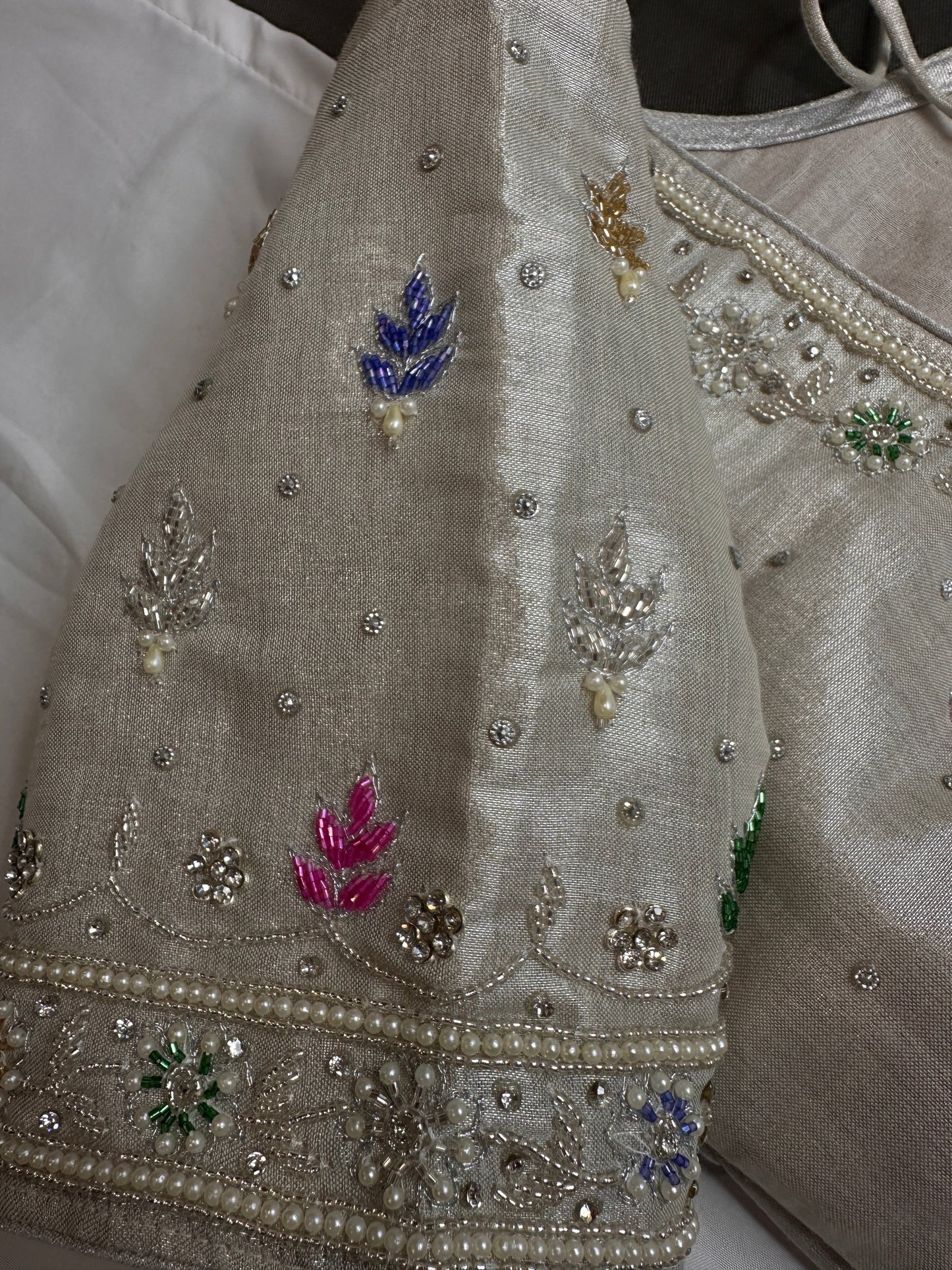 Silver Tissue Multi Color Maggam Blouse