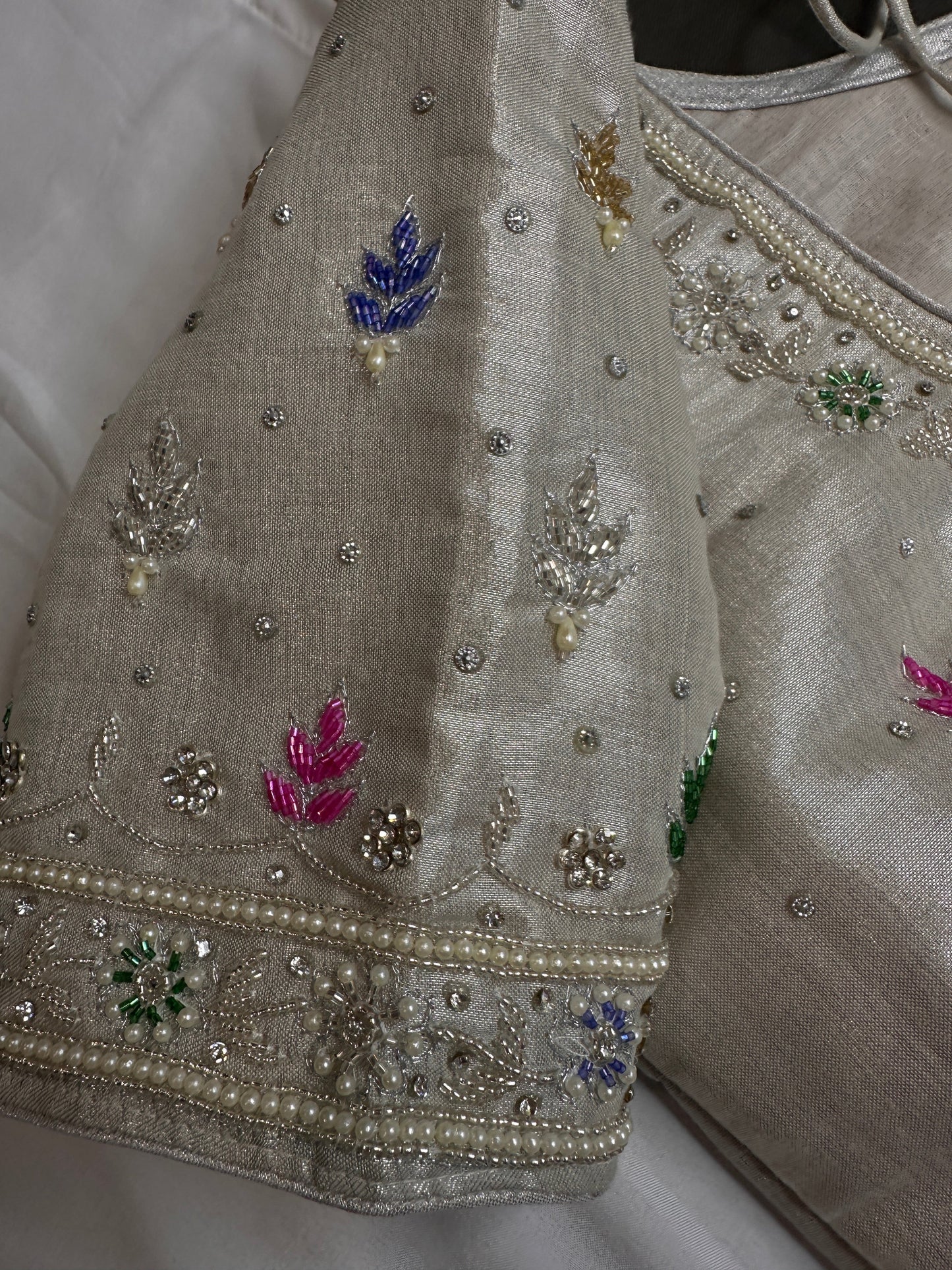 Silver Tissue Multi Color Maggam Blouse