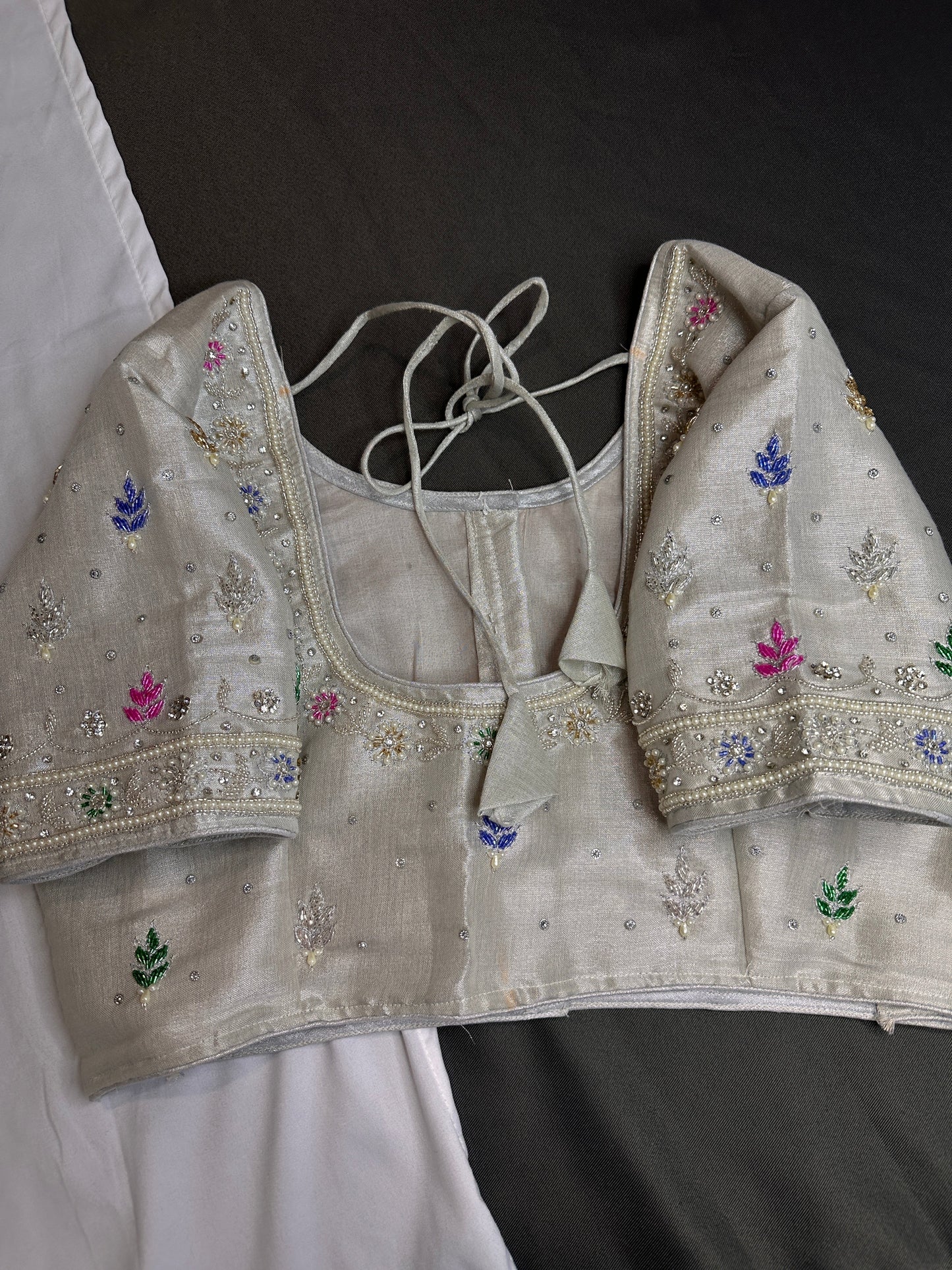 Silver Tissue Multi Color Maggam Blouse
