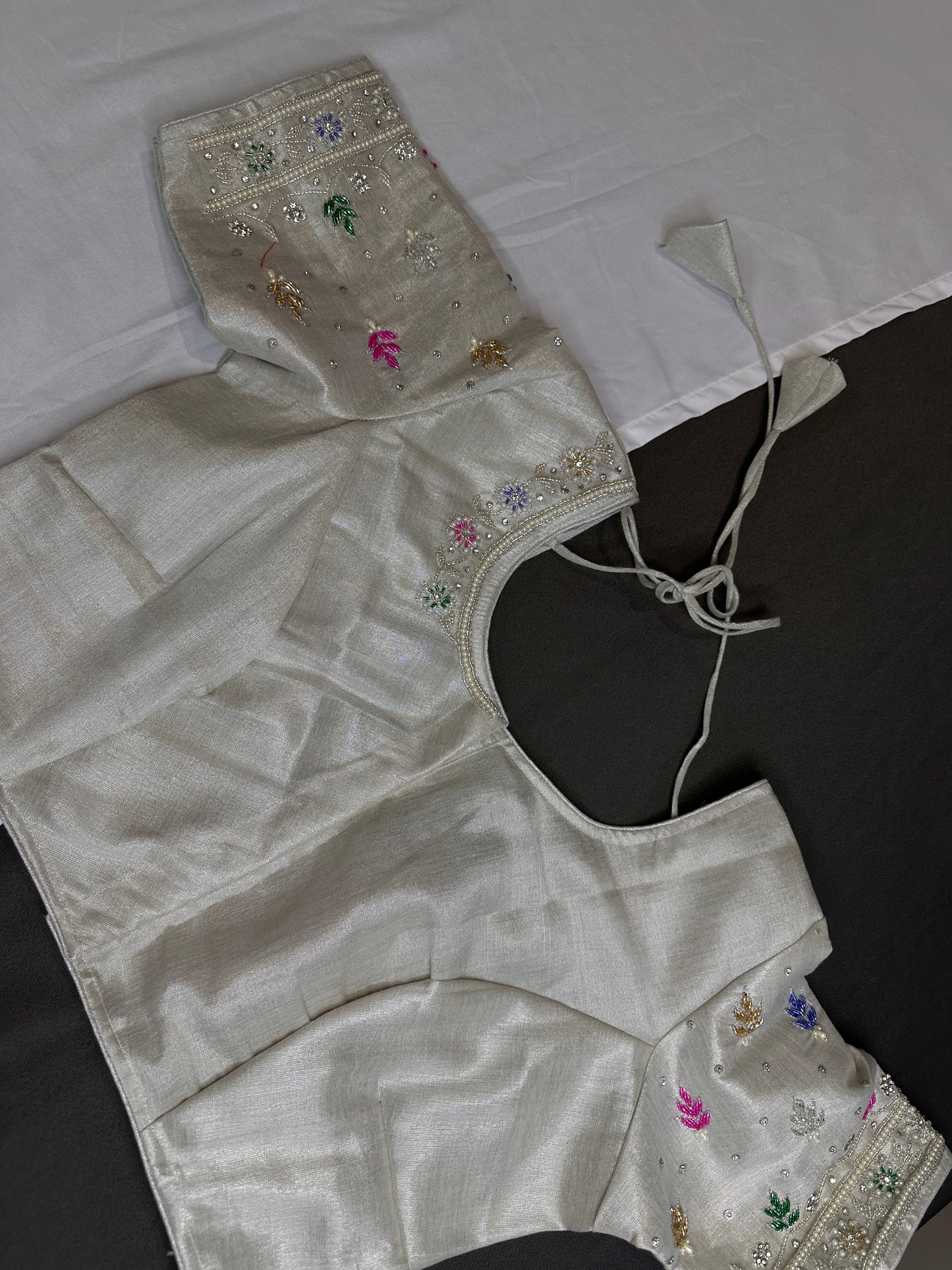 Silver Tissue Multi Color Maggam Blouse
