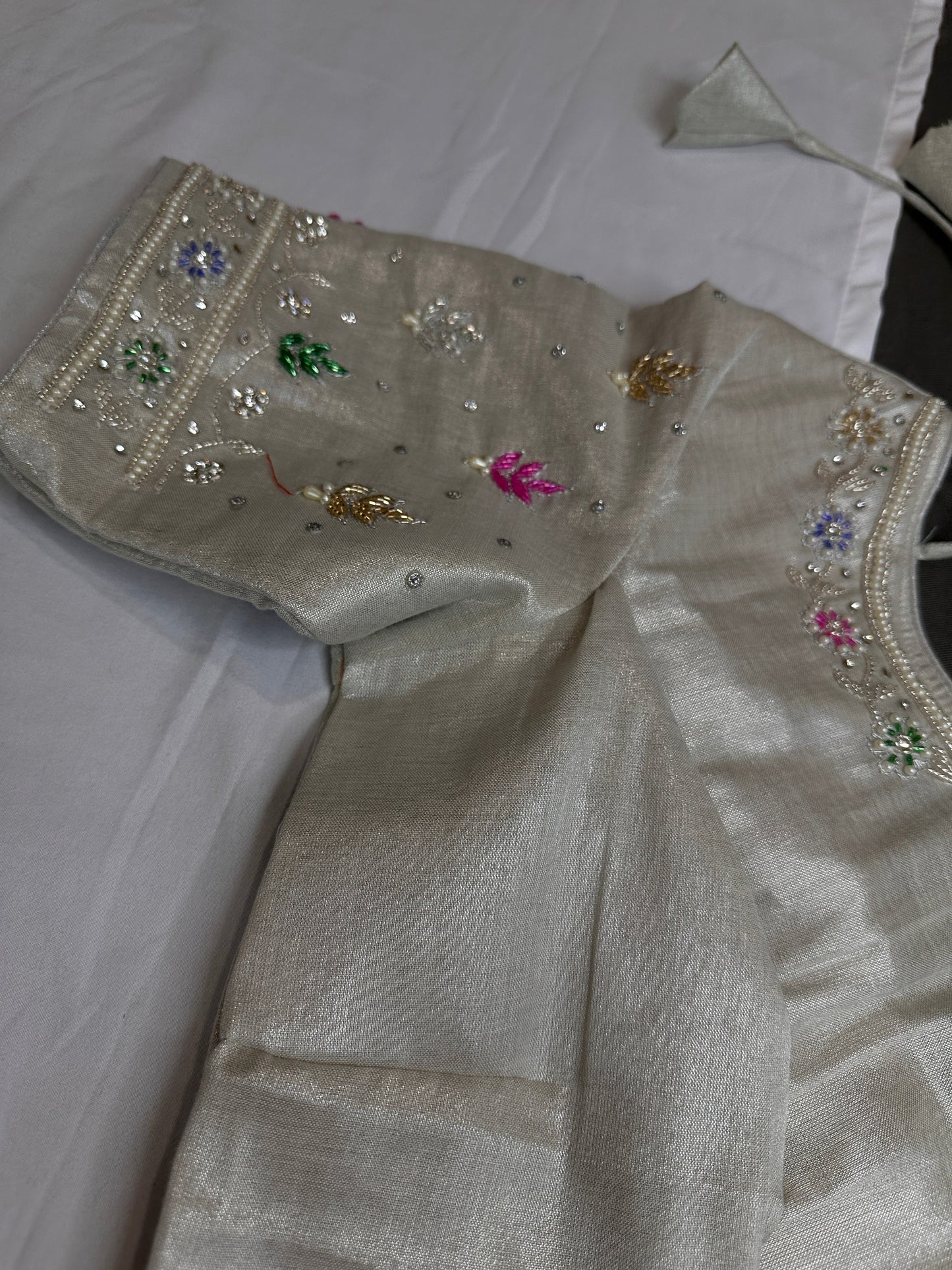 Silver Tissue Multi Color Maggam Blouse