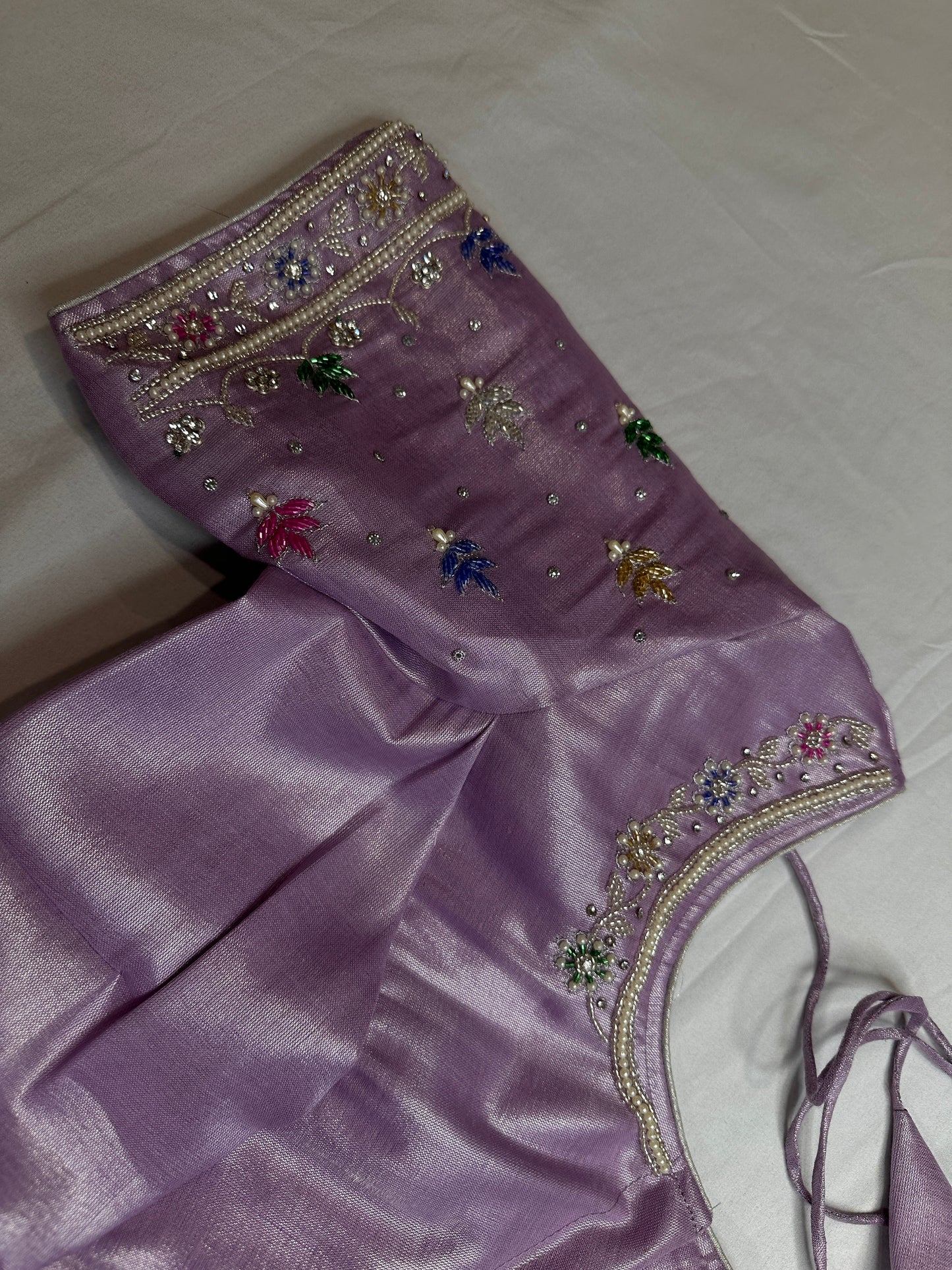 Lavender Purple Tissue Multi Color Maggam Blouse