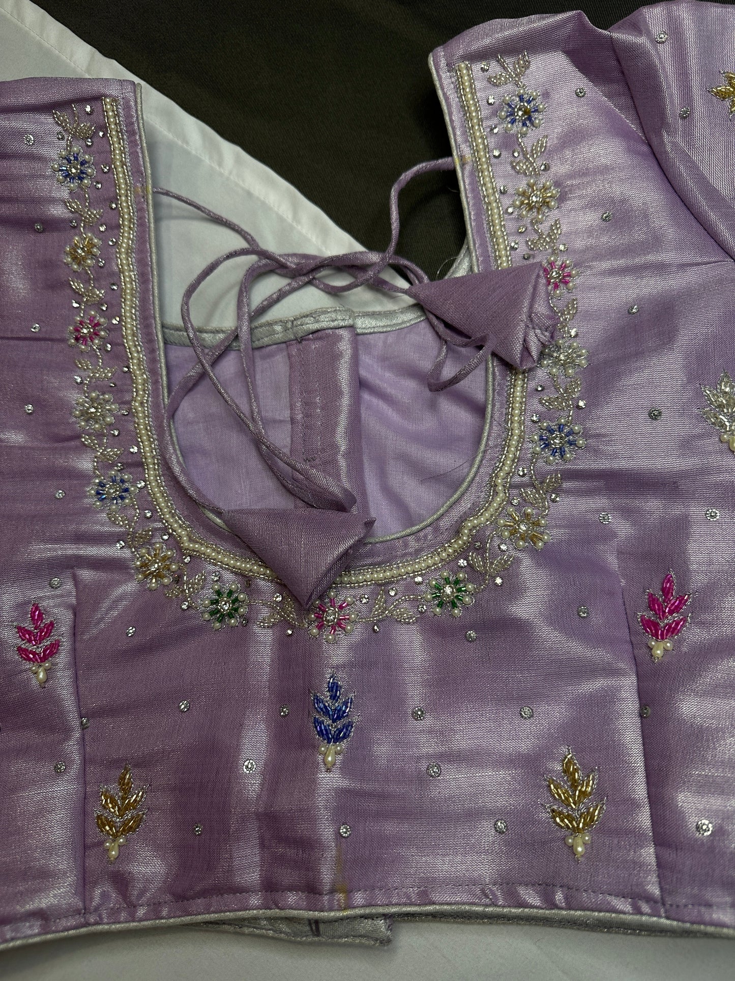 Lavender Purple Tissue Multi Color Maggam Blouse