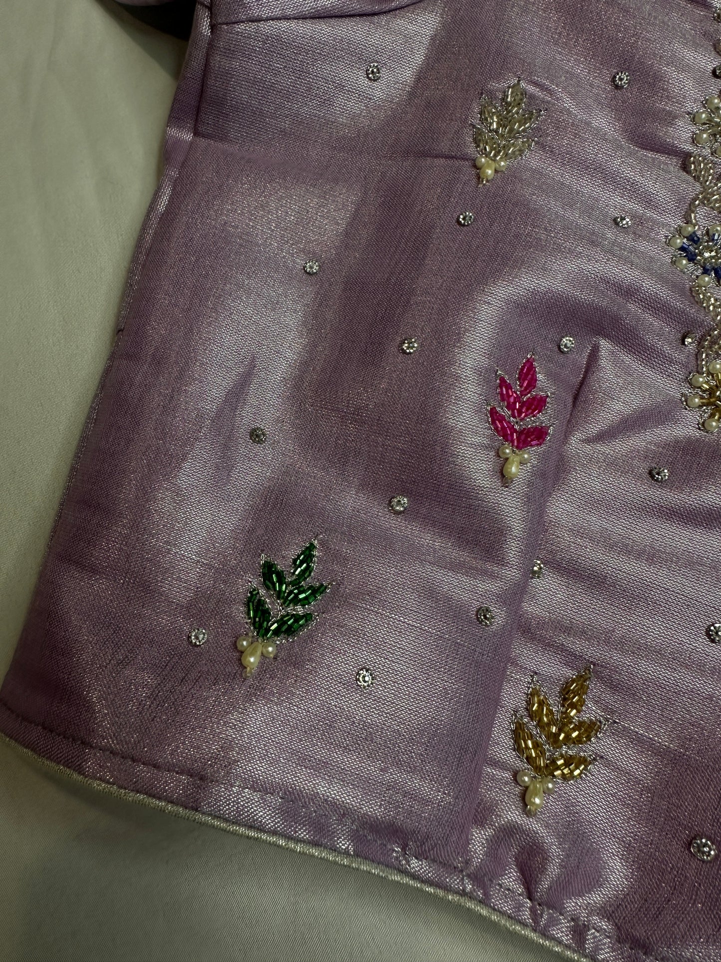 Lavender Purple Tissue Multi Color Maggam Blouse