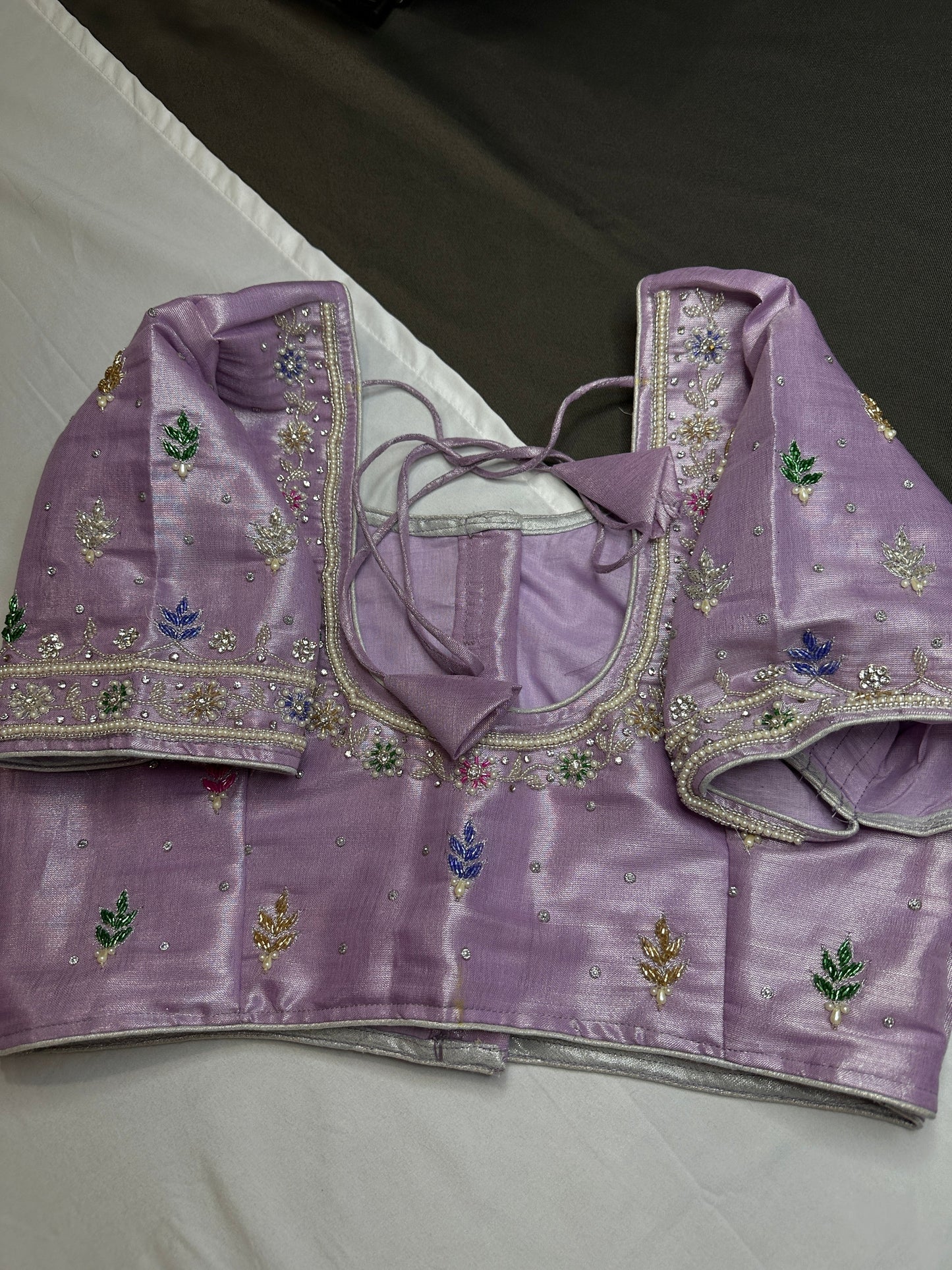 Lavender Purple Tissue Multi Color Maggam Blouse