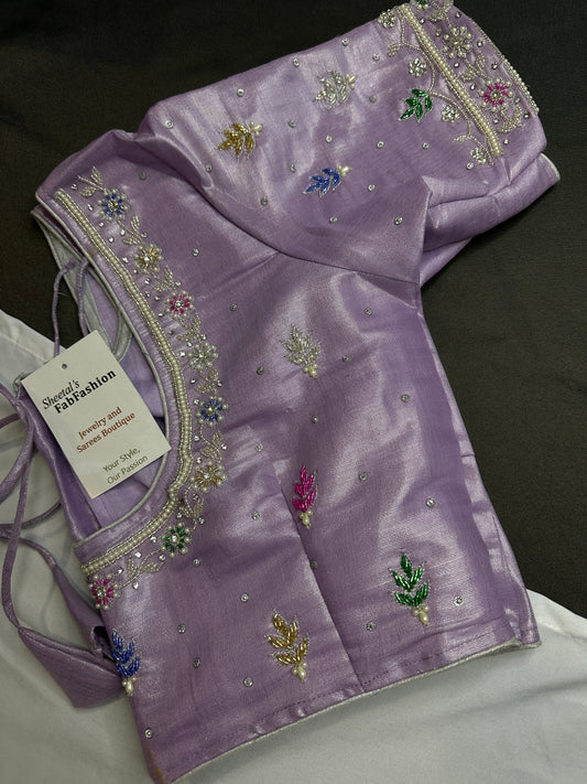 Lavender Purple Tissue Multi Color Maggam Blouse
