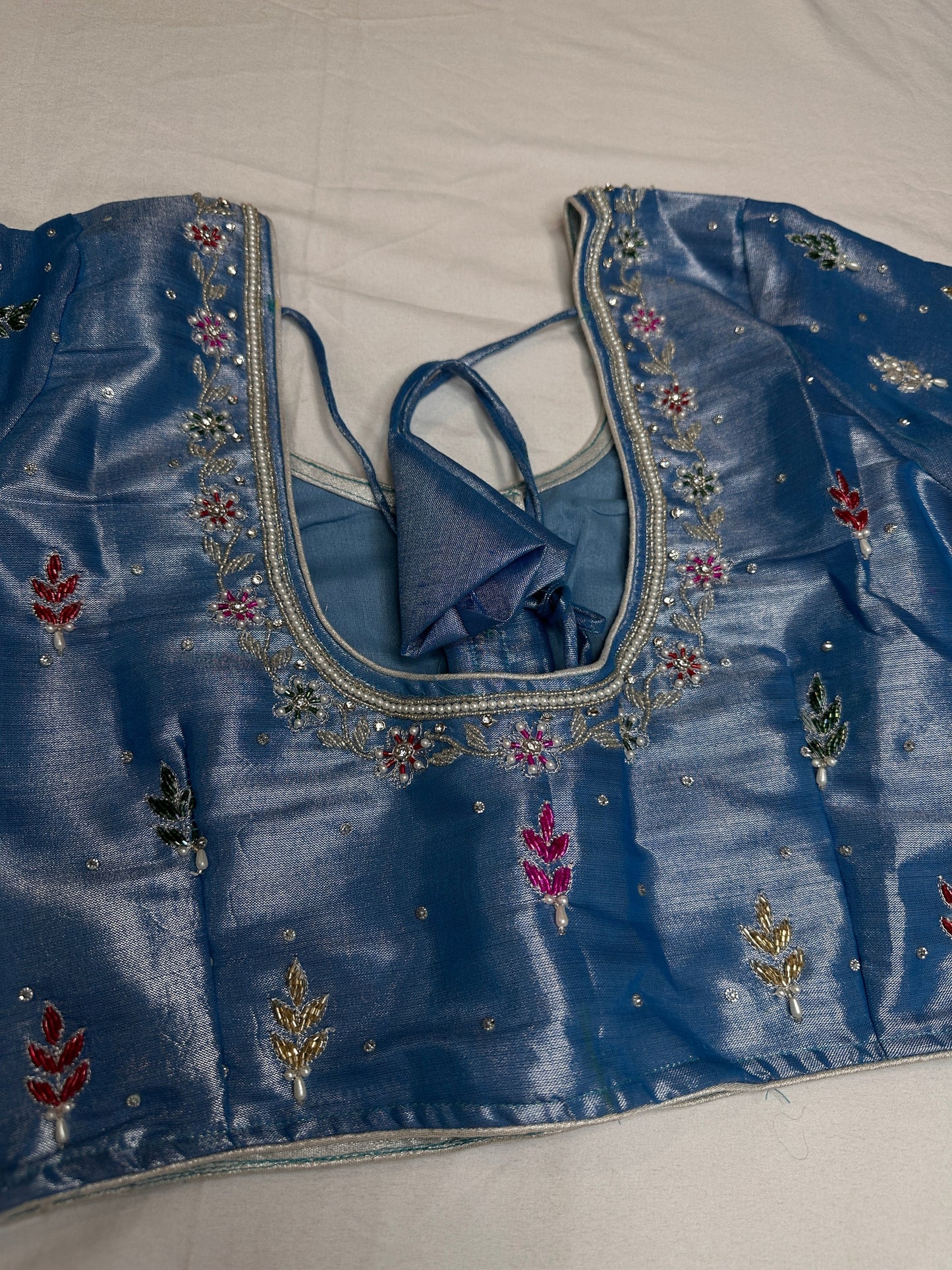 Tissue Multi Color Blue Maggam Blouse