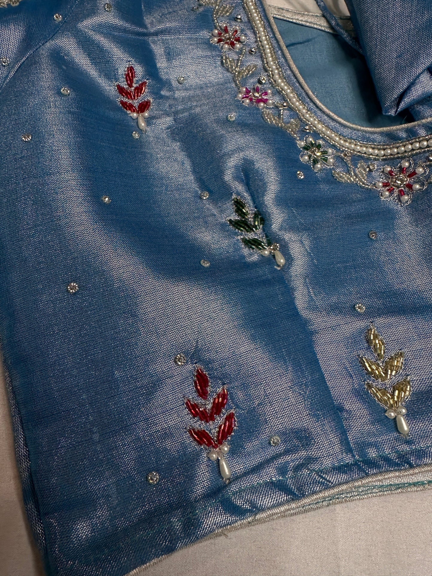 Tissue Multi Color Blue Maggam Blouse