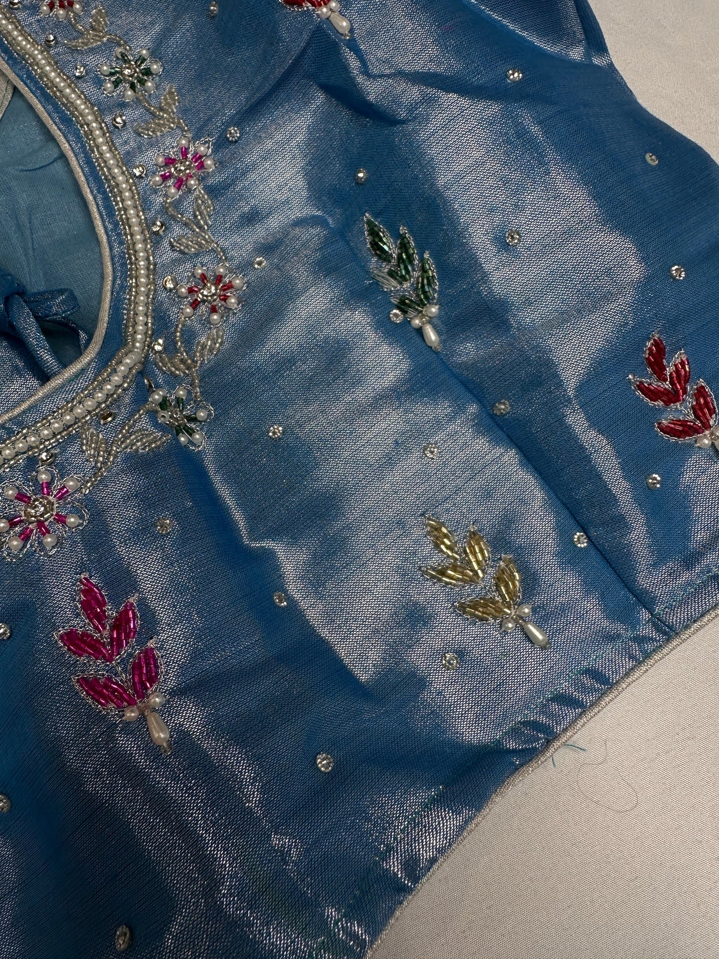 Tissue Multi Color Blue Maggam Blouse