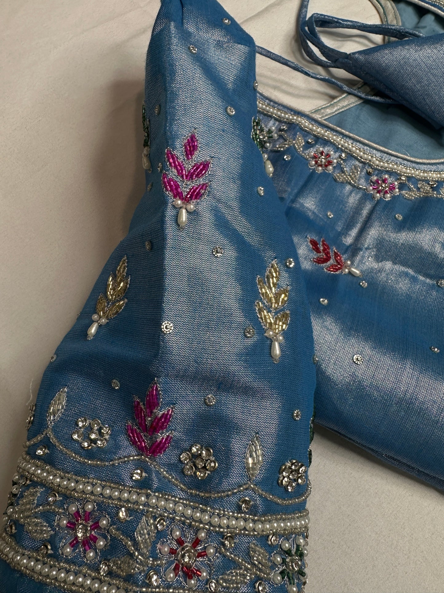 Tissue Multi Color Blue Maggam Blouse