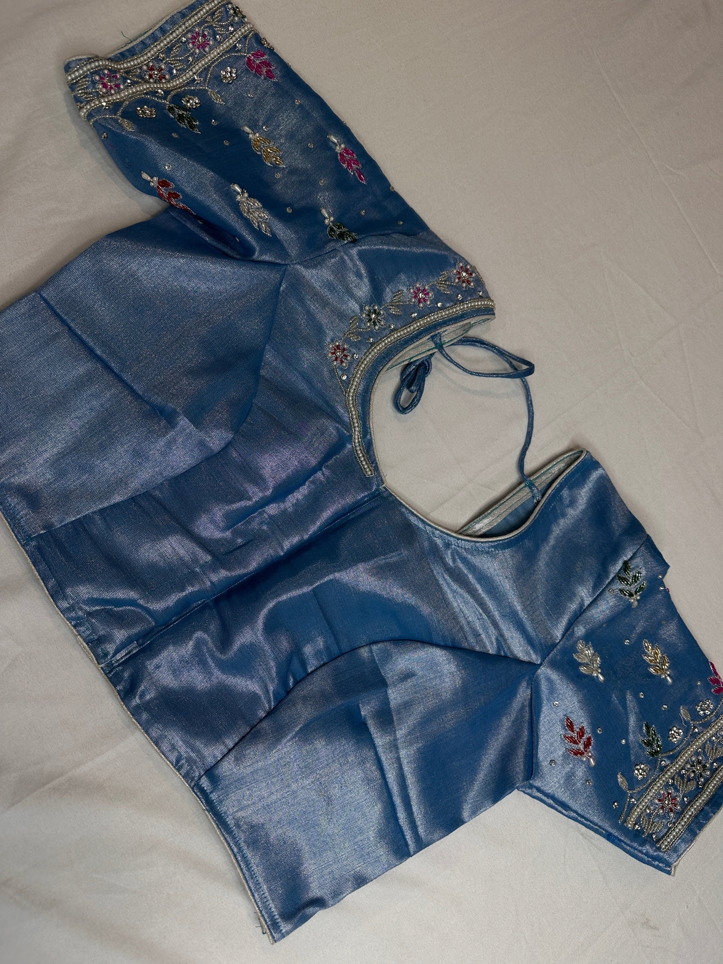 Tissue Multi Color Blue Maggam Blouse