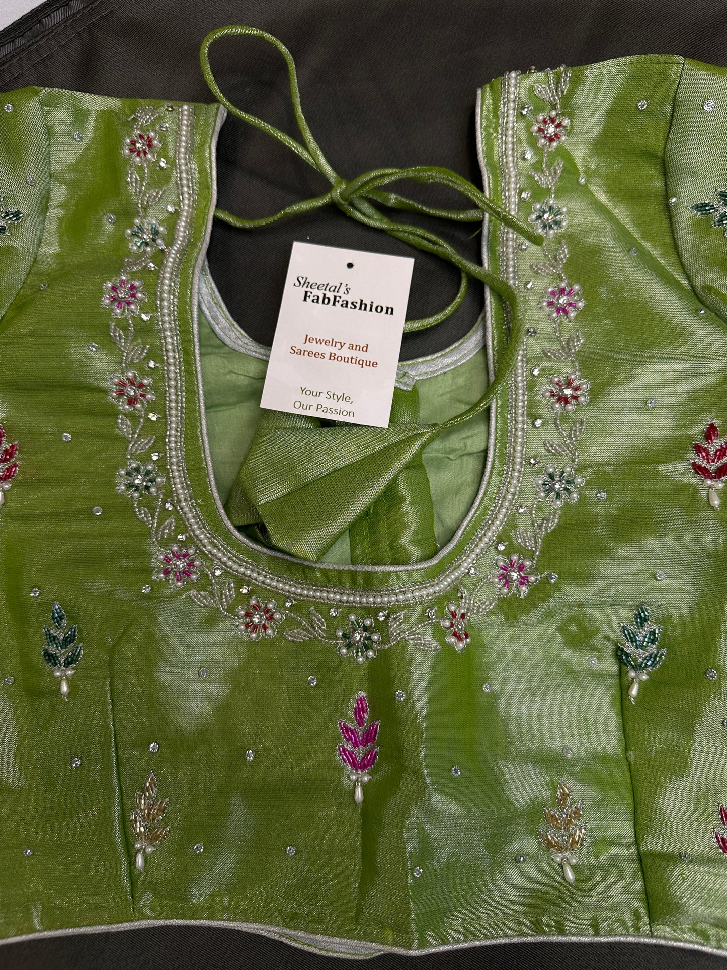 Green Tissue Multi Color  Maggam Blouse