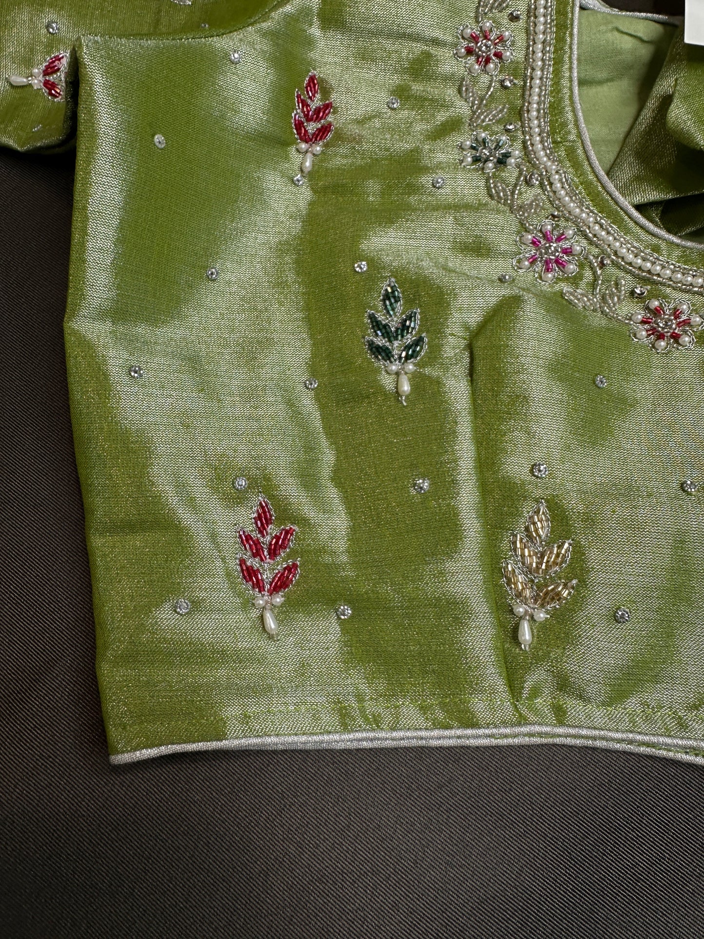Green Tissue Multi Color  Maggam Blouse
