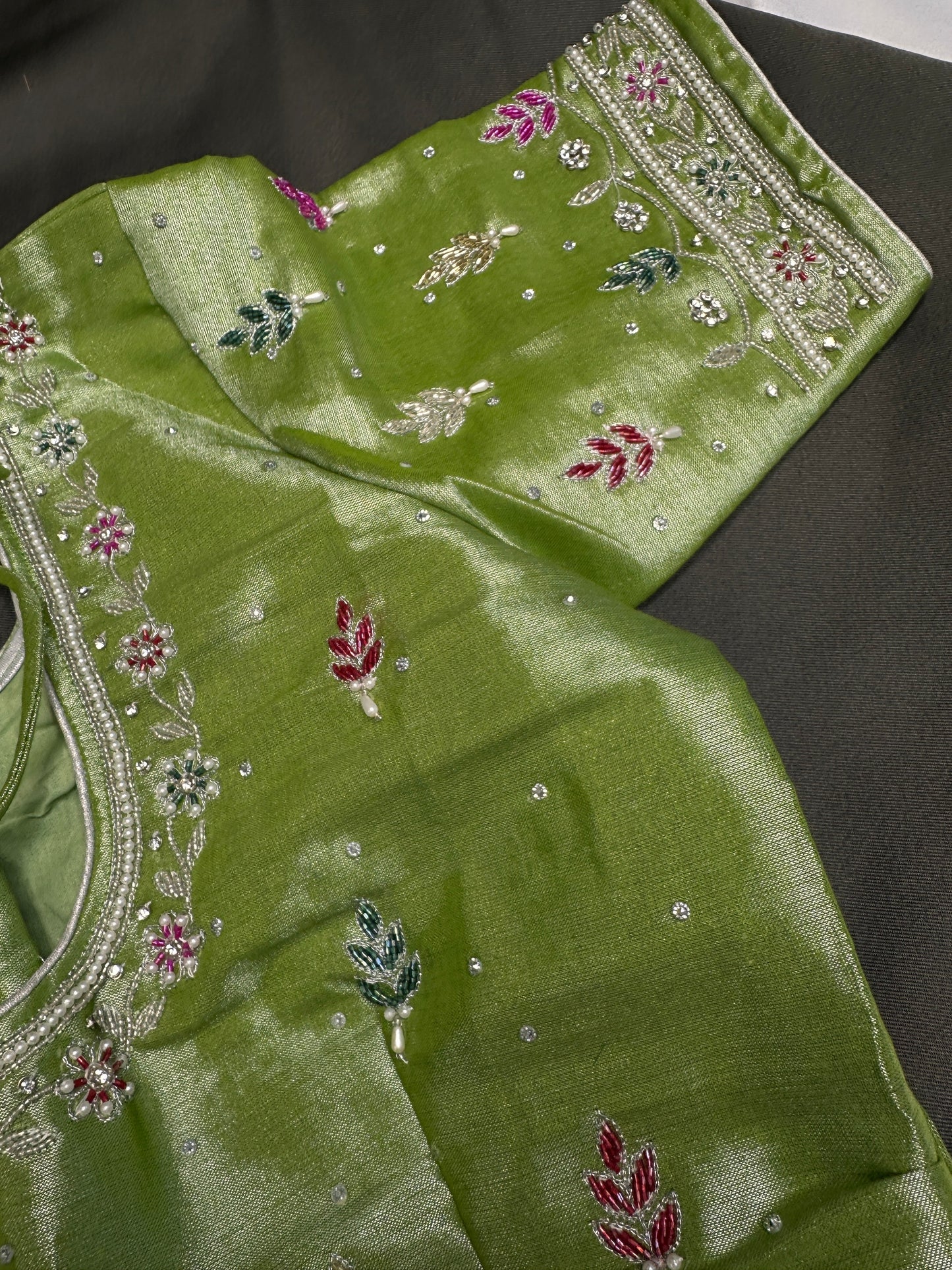 Green Tissue Multi Color  Maggam Blouse