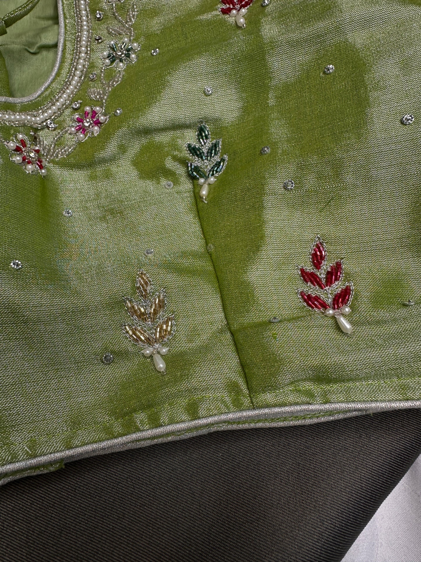 Green Tissue Multi Color  Maggam Blouse