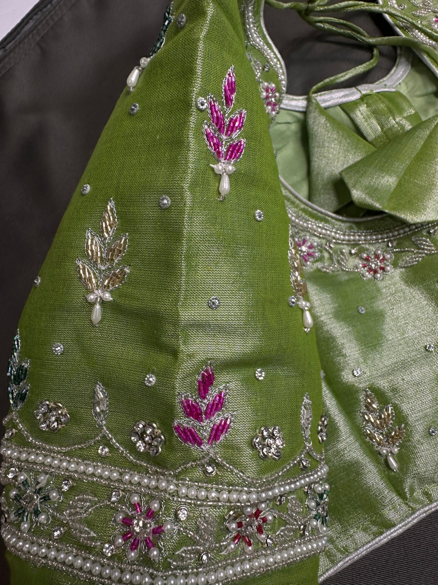 Green Tissue Multi Color  Maggam Blouse