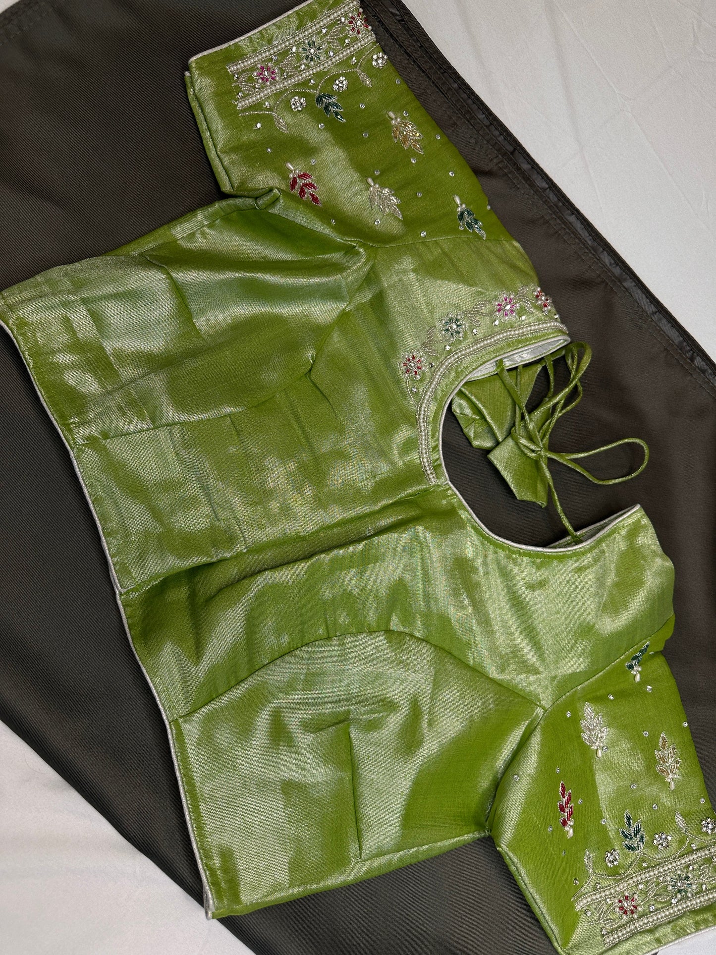 Green Tissue Multi Color  Maggam Blouse