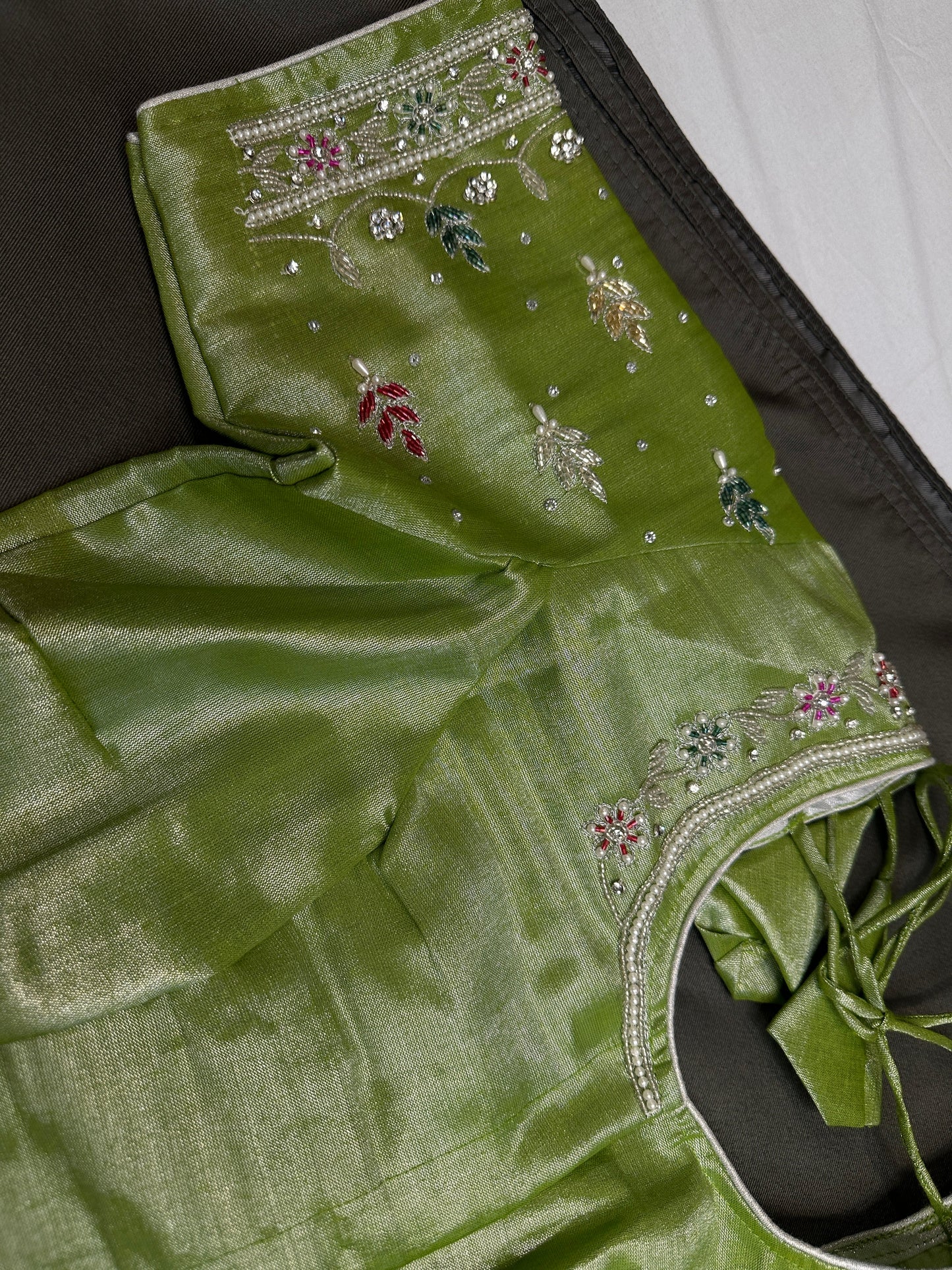 Green Tissue Multi Color  Maggam Blouse