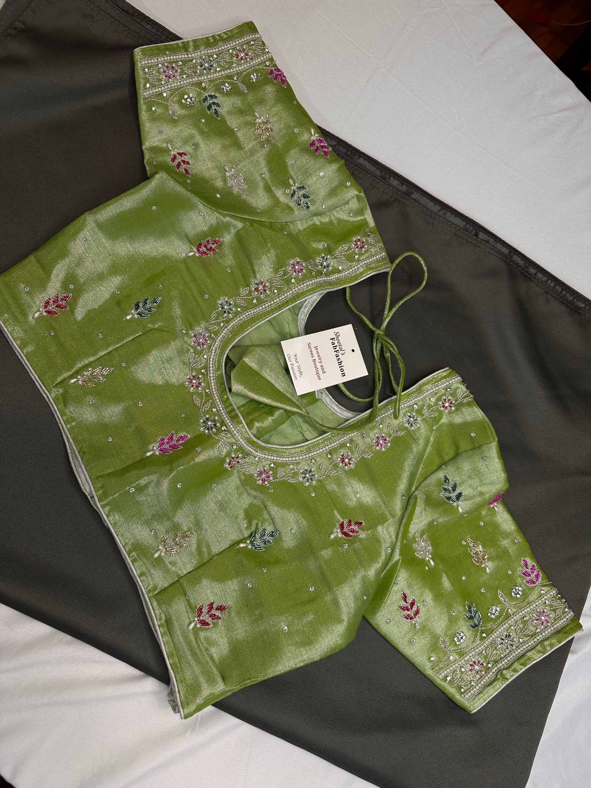 Green Tissue Multi Color  Maggam Blouse