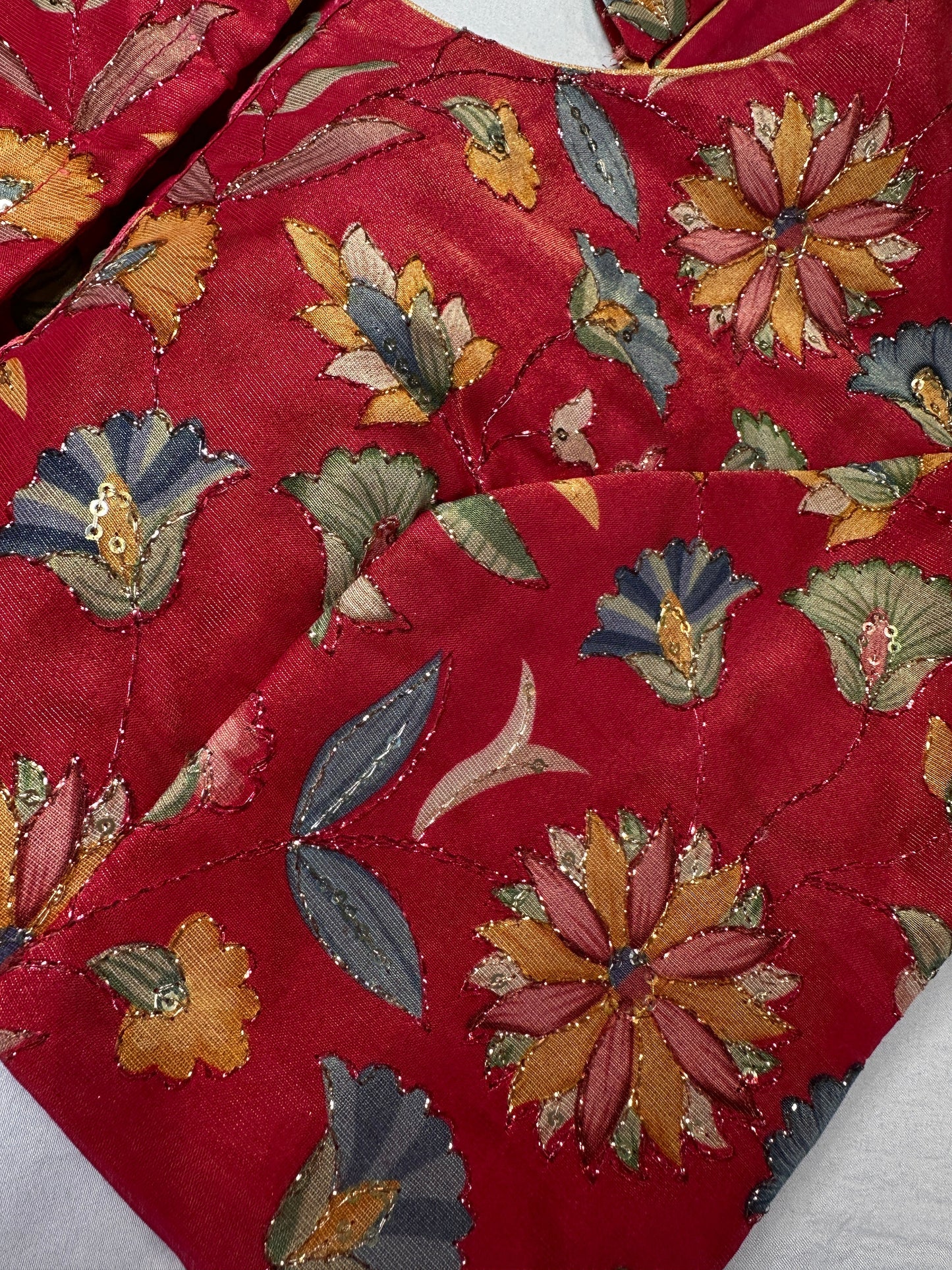 Pink Multi Color Tissue Silk Kalamkari Sequence Blouse