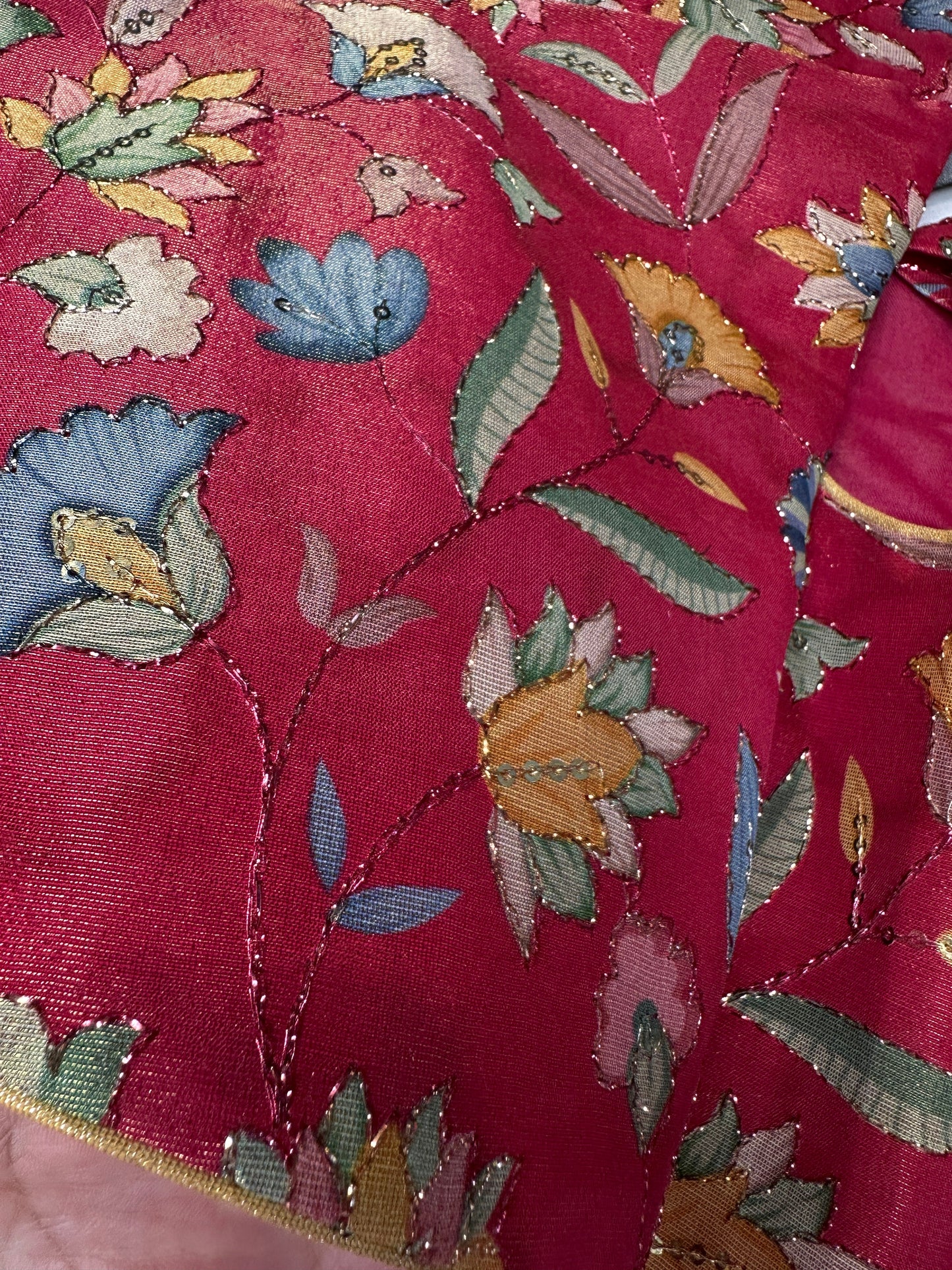Pink Multi Color Tissue Silk Kalamkari Sequence Blouse