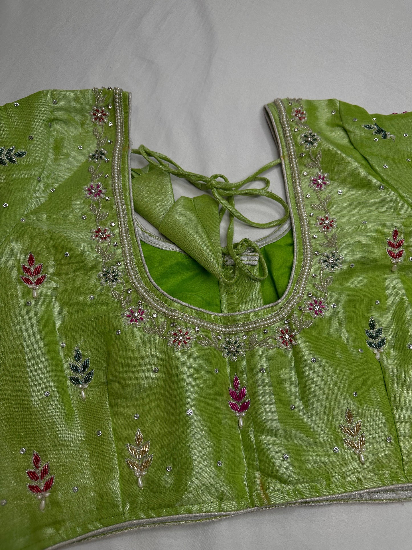 Green Tissue Multi Color Maggam Blouse