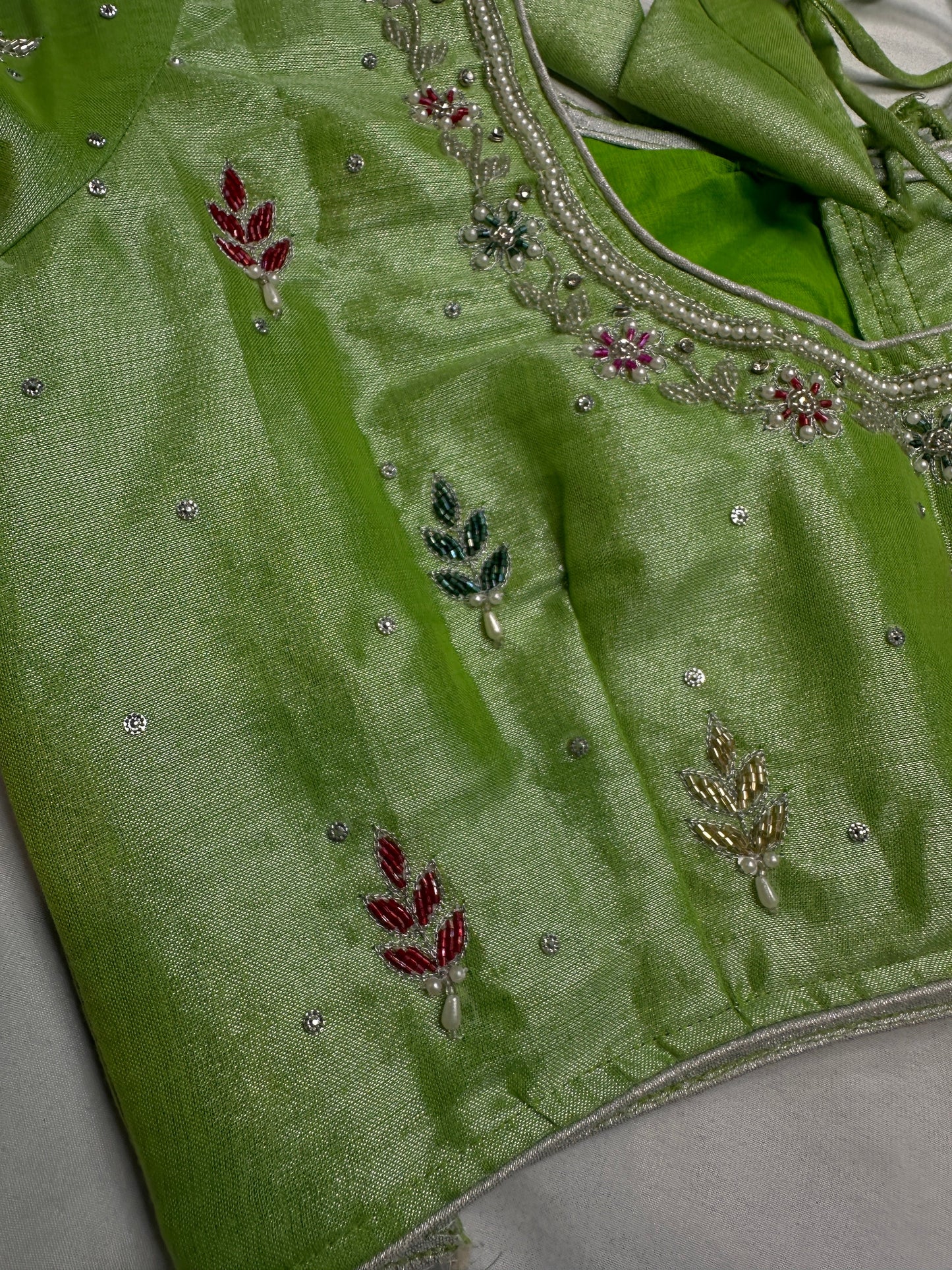 Green Tissue Multi Color Maggam Blouse