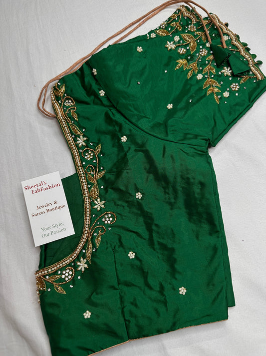 Green Kardana Pearls Maggam Blouse